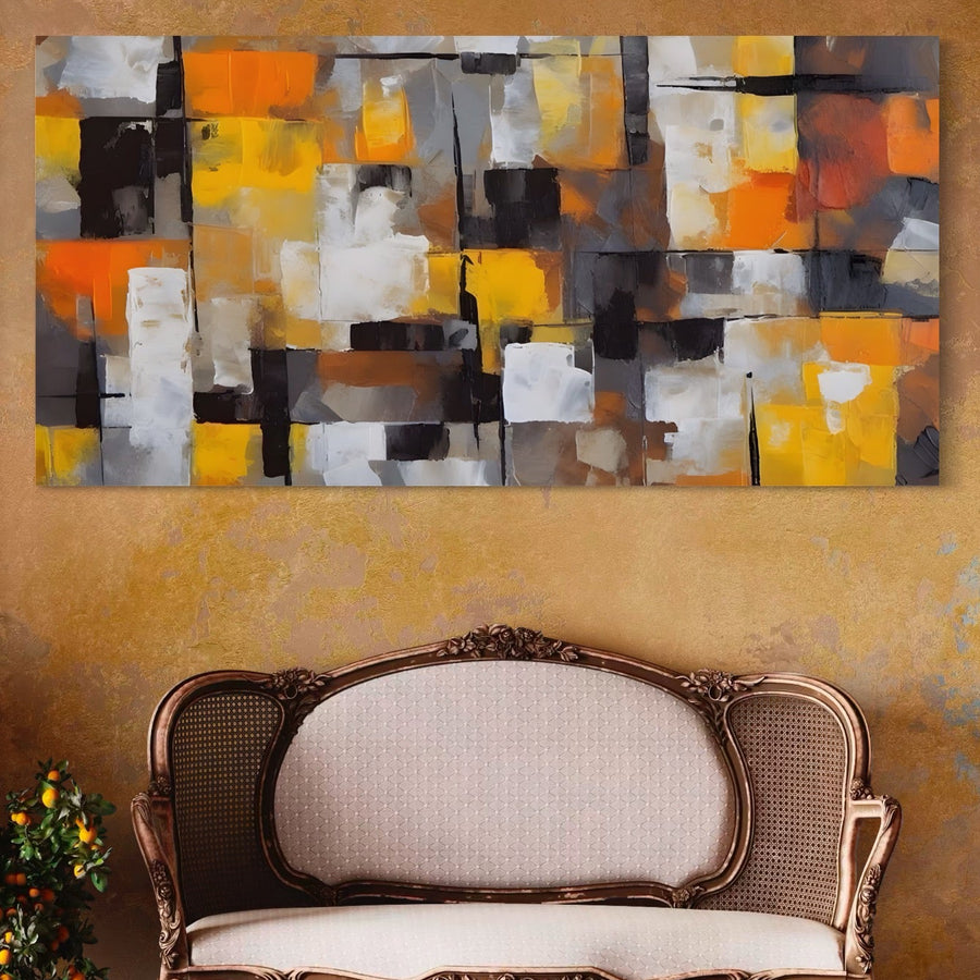 Tablou Canvas Premium LuxCanva® A1619 prezintă artă abstractă vibrantă portocalie și galbenă, adăugând un stil românesc elegant spațiului tău. Expusă deasupra unei canapele vintage, aduce culoare îndrăzneață și fler decorativ în camera de zi sau în dormitor.