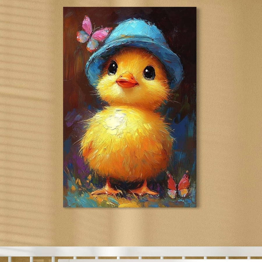tablou canvas cu un pui galben cu palarie albastra, pictat alaturi de fluturasi multicolori