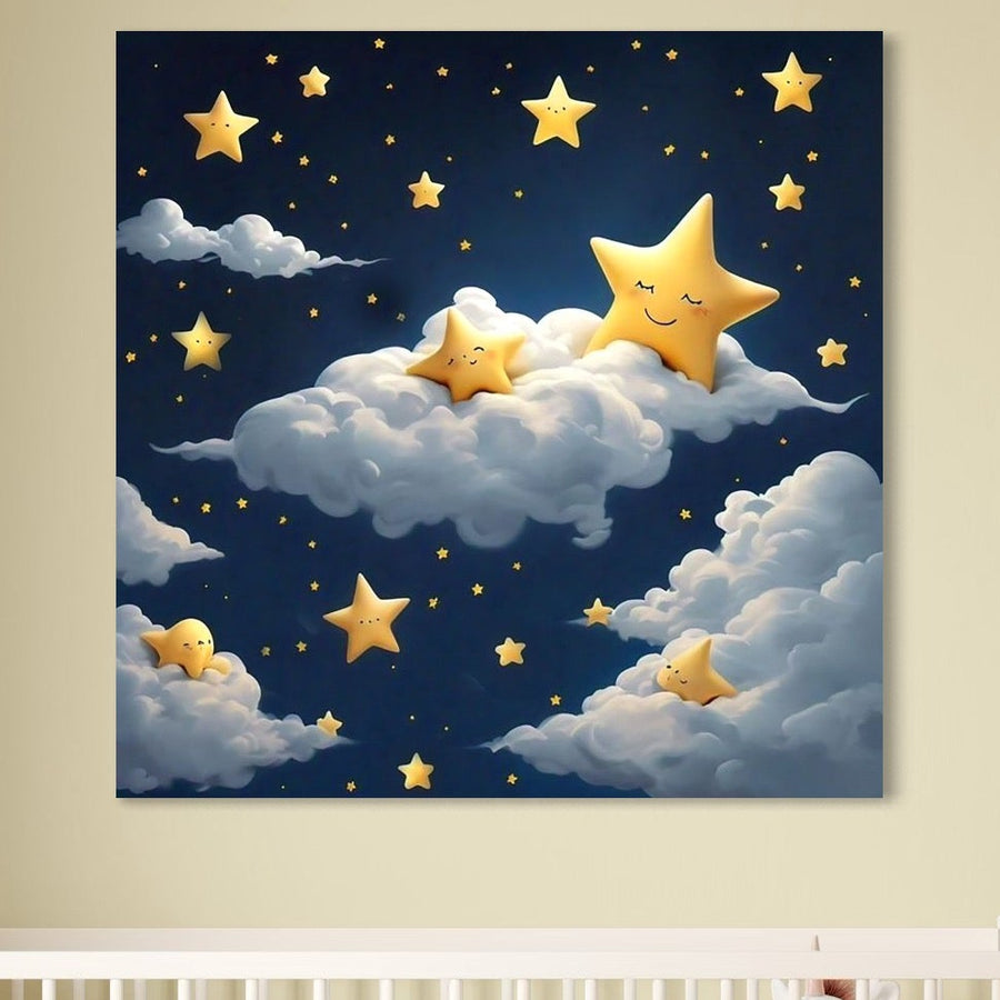 Tablou Canvas Premium LuxCanva® K1072 prezintă steluțe zâmbitoare pe nori pufoși, fiind perfect pentru camera copilului sau dormitor, aducând liniște și relaxare deasupra pătuțului. Disponibil la LuxCanva® - Magazin tablouri canvas.