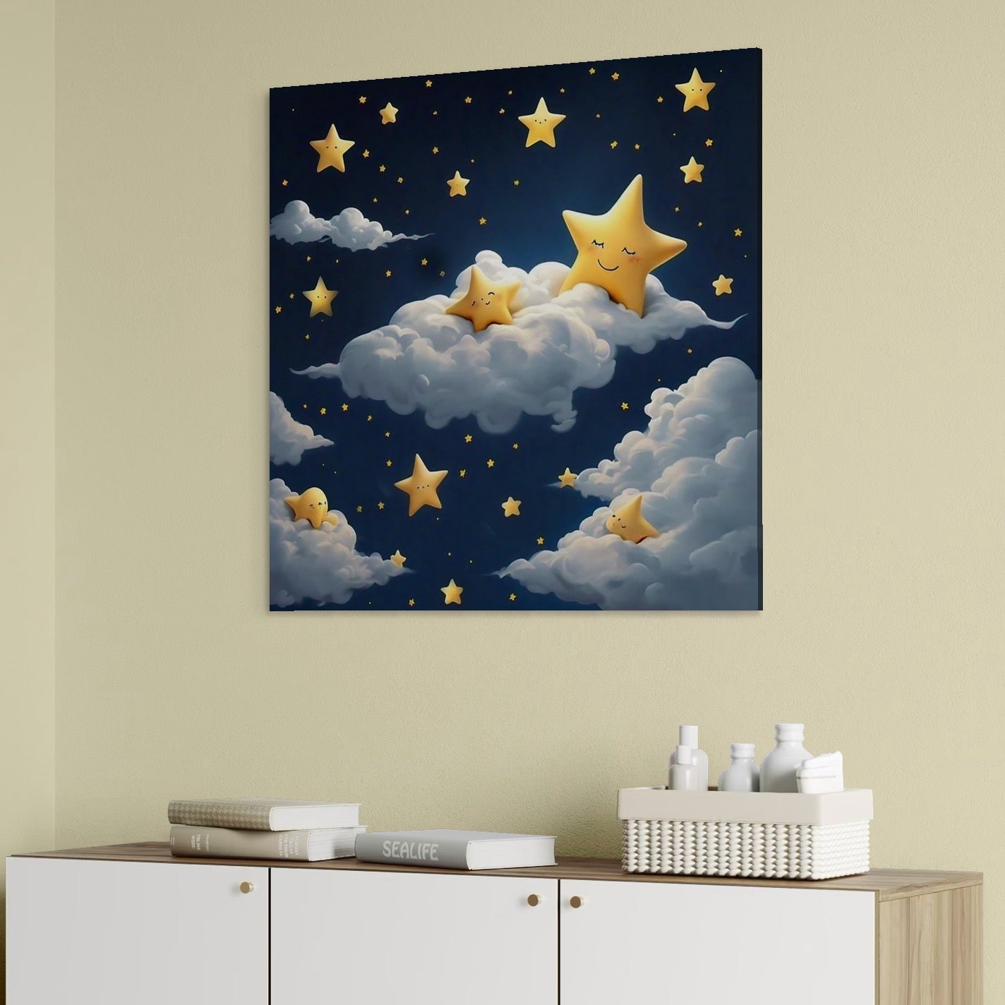 tablou canvas cu cerul albastru pe timp de noapte cu norisori si stelute galbene