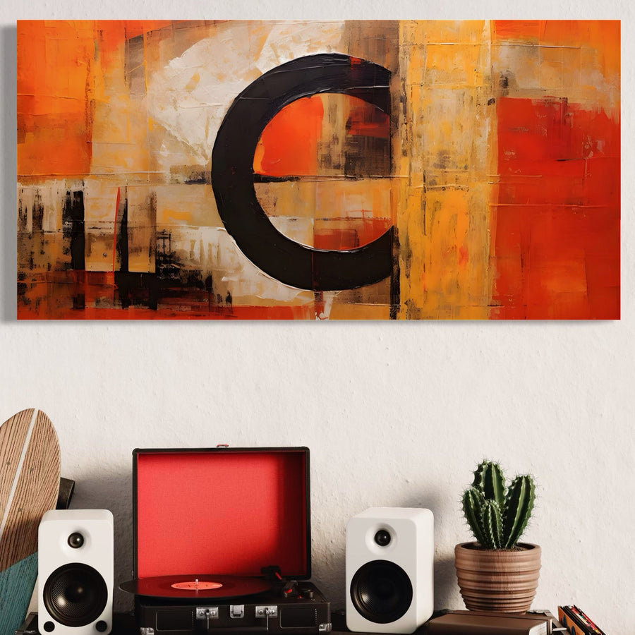 Tablou Canvas Premium LuxCanva® A1621 - Realitate Abstracta, cu blocuri vibrante de roșu, galben și portocaliu, dominat de un cerc negru; perfect pentru living sau dormitor. Decor cromatic modern marca LuxCanva®.