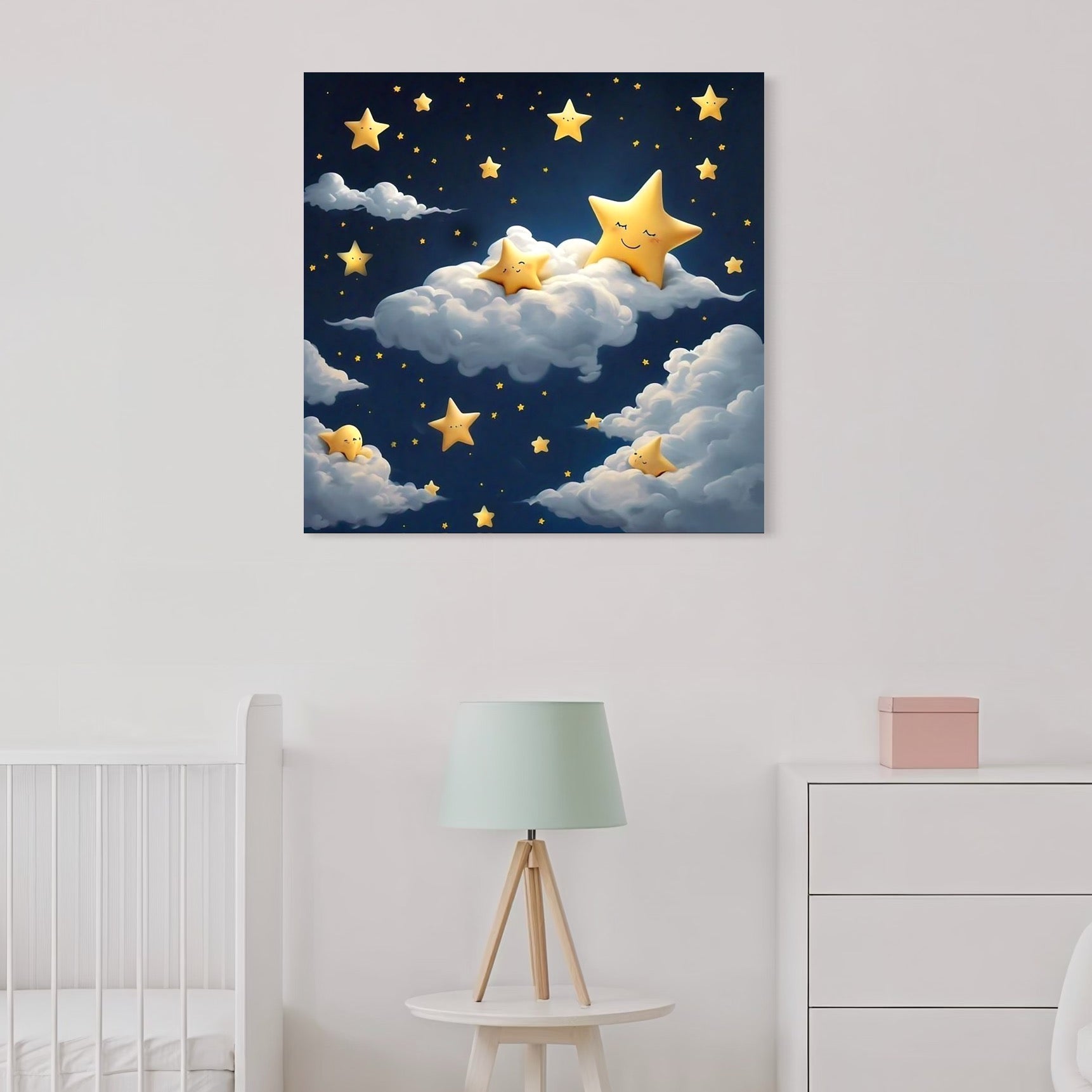 tablou canvas cu cerul albastru pe timp de noapte cu norisori si stelute galbene