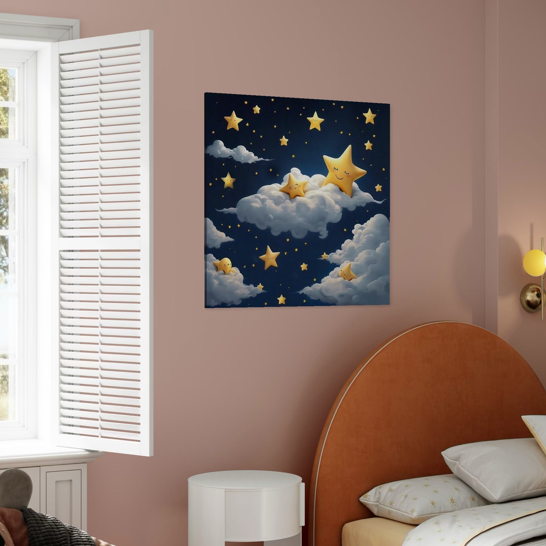 tablou canvas cu cerul albastru pe timp de noapte cu norisori si stelute galbene