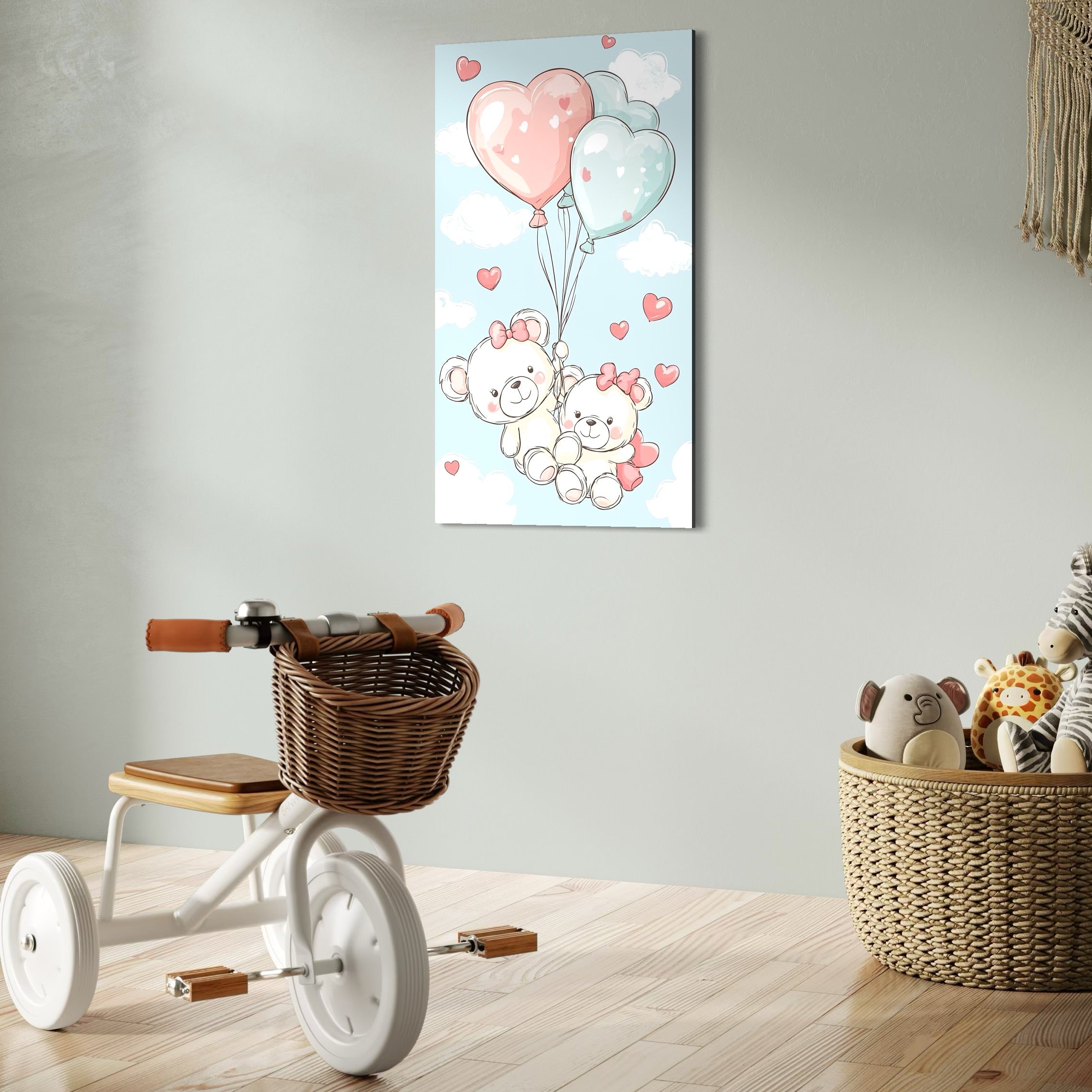 tablou canvas cu doi ursuleti cu fundite roz, si baloane in forma de inimioare albastre si roz, pe fundal cu cer senin si norisori