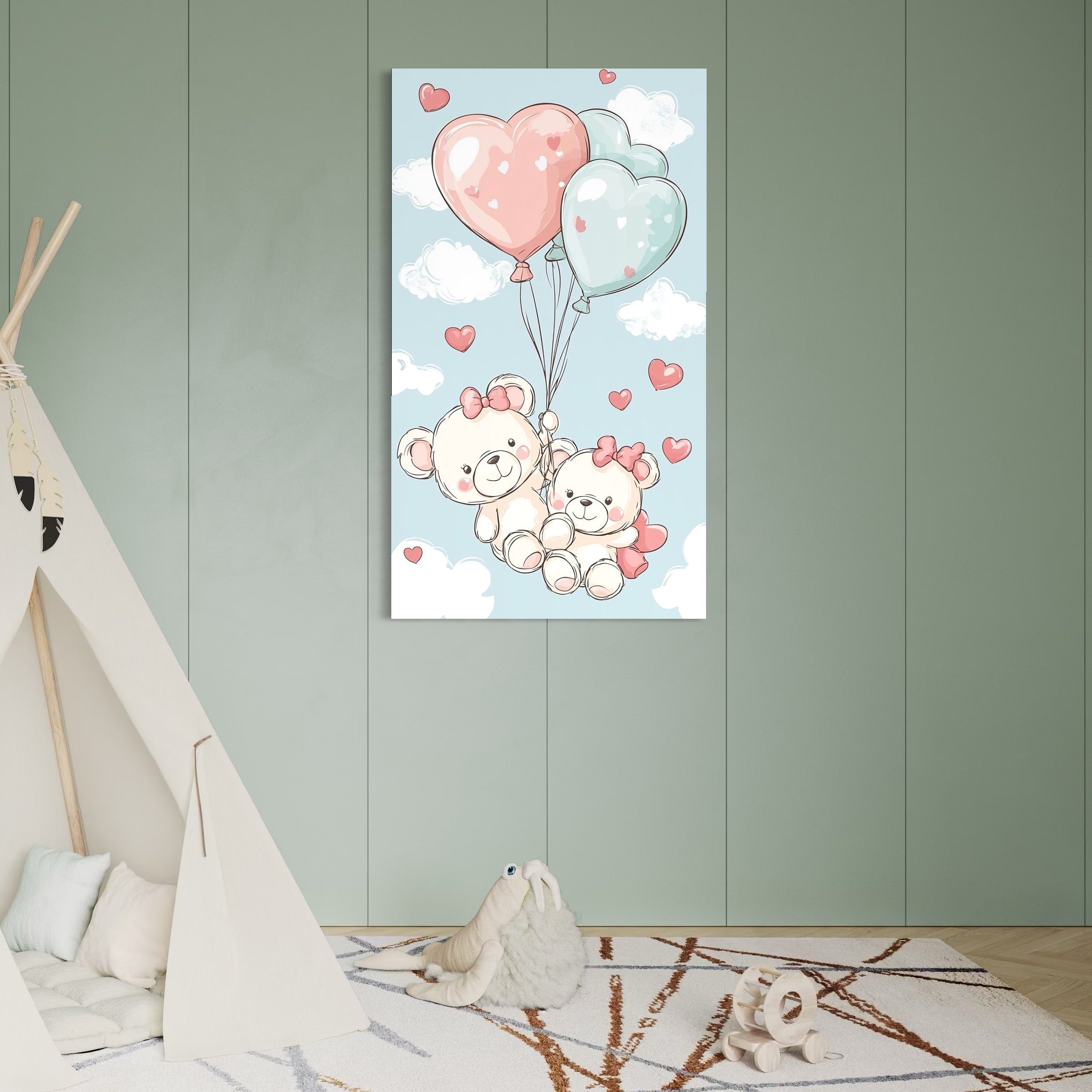 tablou canvas cu doi ursuleti cu fundite roz, si baloane in forma de inimioare albastre si roz, pe fundal cu cer senin si norisori