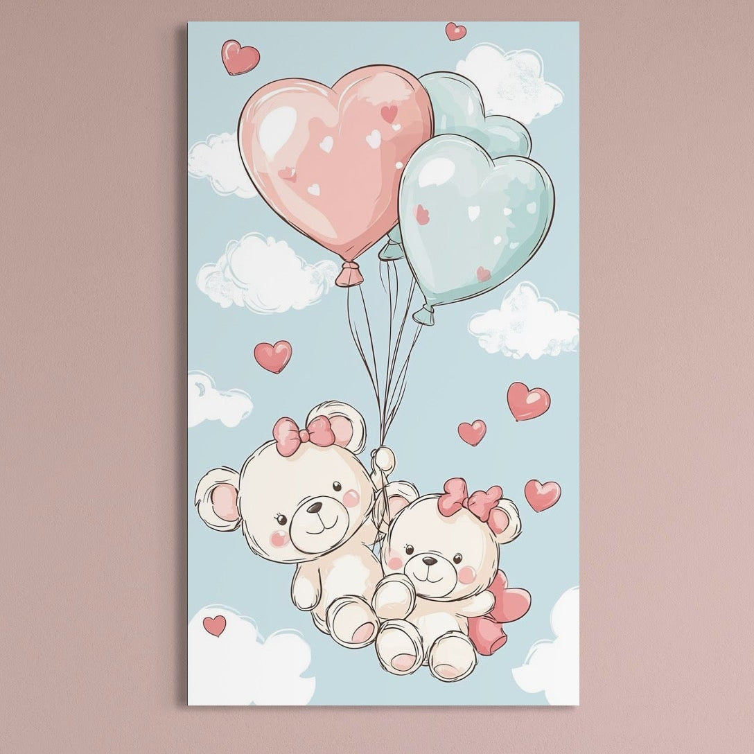 tablou canvas cu doi ursuleti cu fundite roz, si baloane in forma de inimioare albastre si roz, pe fundal cu cer senin si norisori