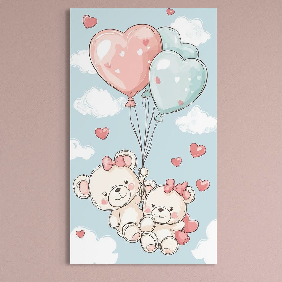 tablou canvas cu doi ursuleti cu fundite roz, si baloane in forma de inimioare albastre si roz, pe fundal cu cer senin si norisori