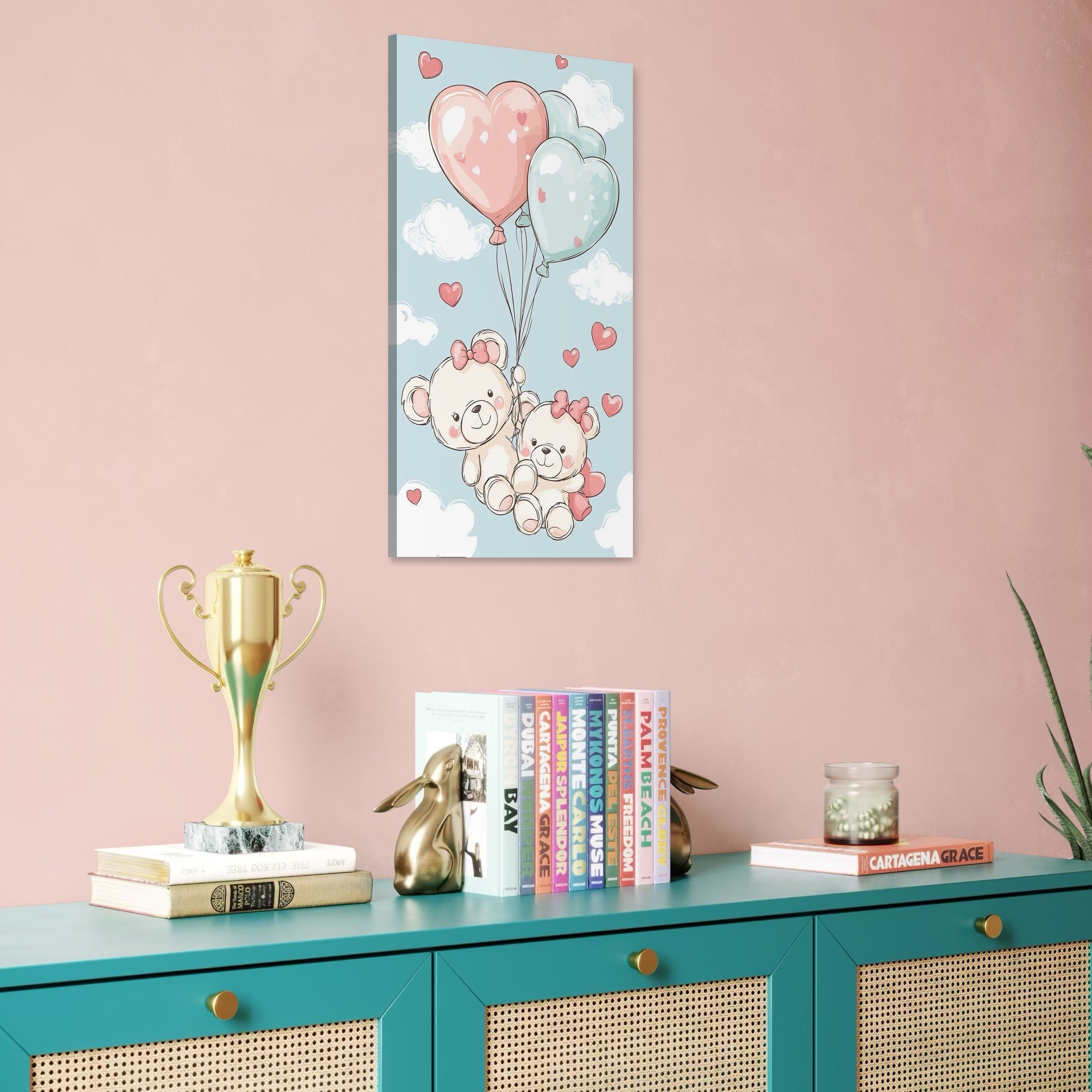 tablou canvas cu doi ursuleti cu fundite roz, si baloane in forma de inimioare albastre si roz, pe fundal cu cer senin si norisori