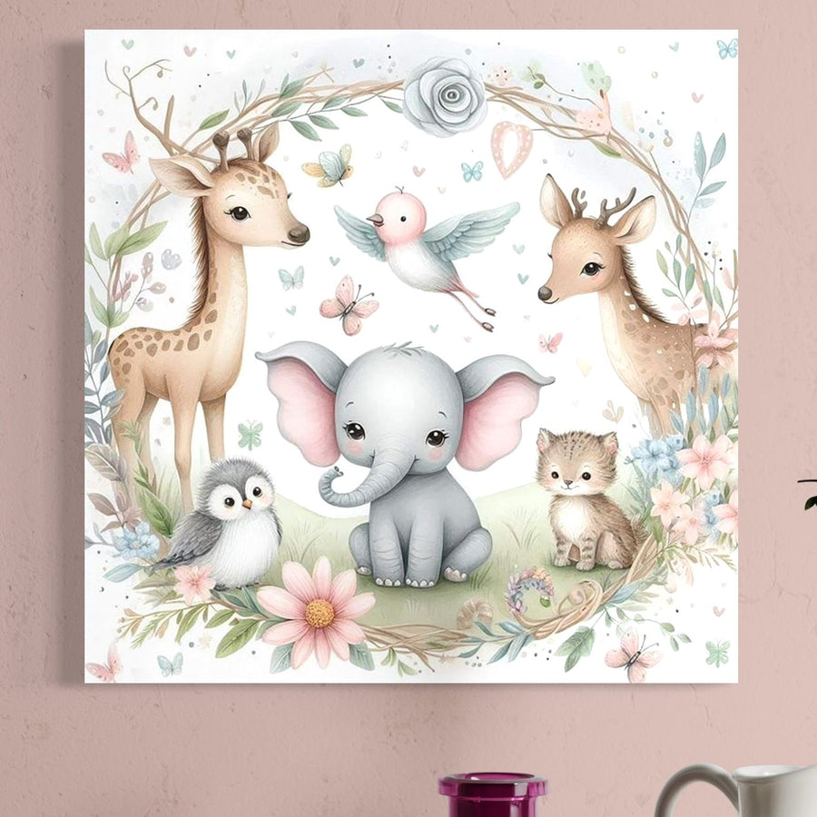 Tablou Canvas Premium K1074 "Lumea Copiilor" de la LuxCanva® prezintă ilustrații fermecătoare cu un elefant, o căprioară și un pinguin în mijlocul florilor - perfect pentru a adăuga bucurie și culoare decorului camerei unui copil sau al grădiniței.