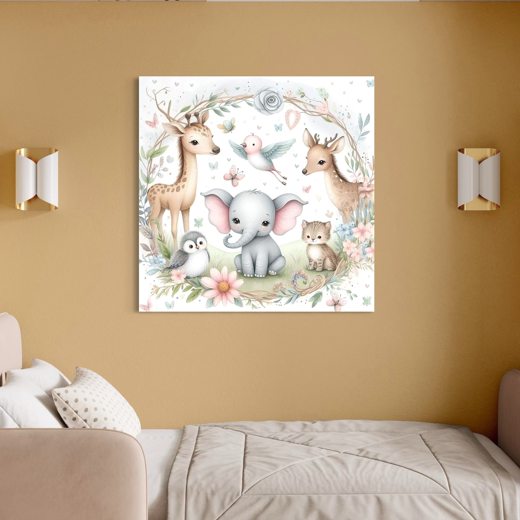 tablou canvas cu un elefantel, pasari, caprioare si un pisoias, sub o arcada de crengute cu flori si frunze verzi