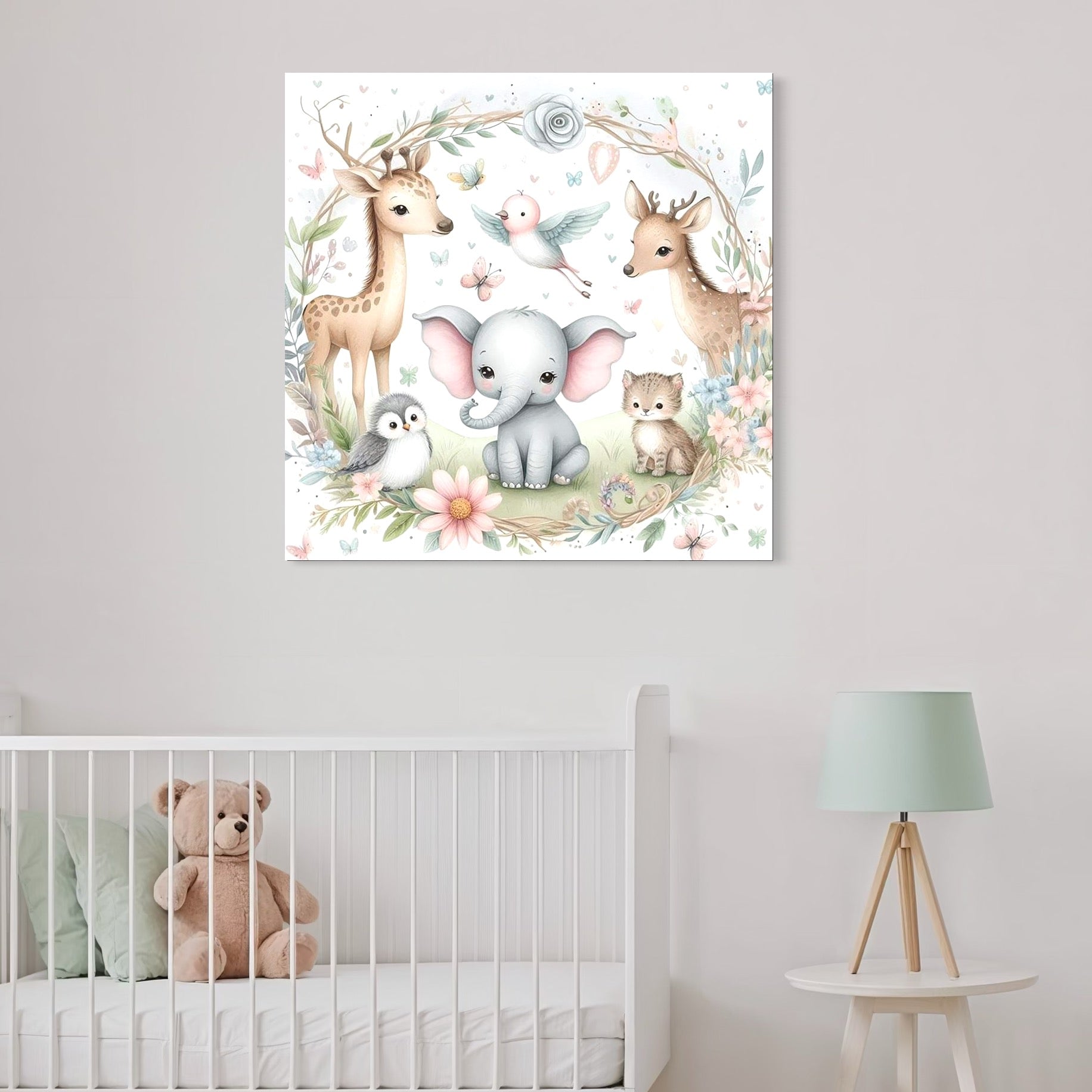 tablou canvas cu un elefantel, pasari, caprioare si un pisoias, sub o arcada de crengute cu flori si frunze verzi