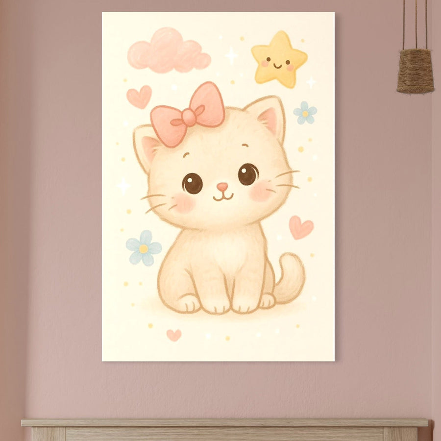 tablou canvas cu un pui de pisicuta cu fundita roz, pe fundal cu norisori, floricele, inimioare si o steluta galbena