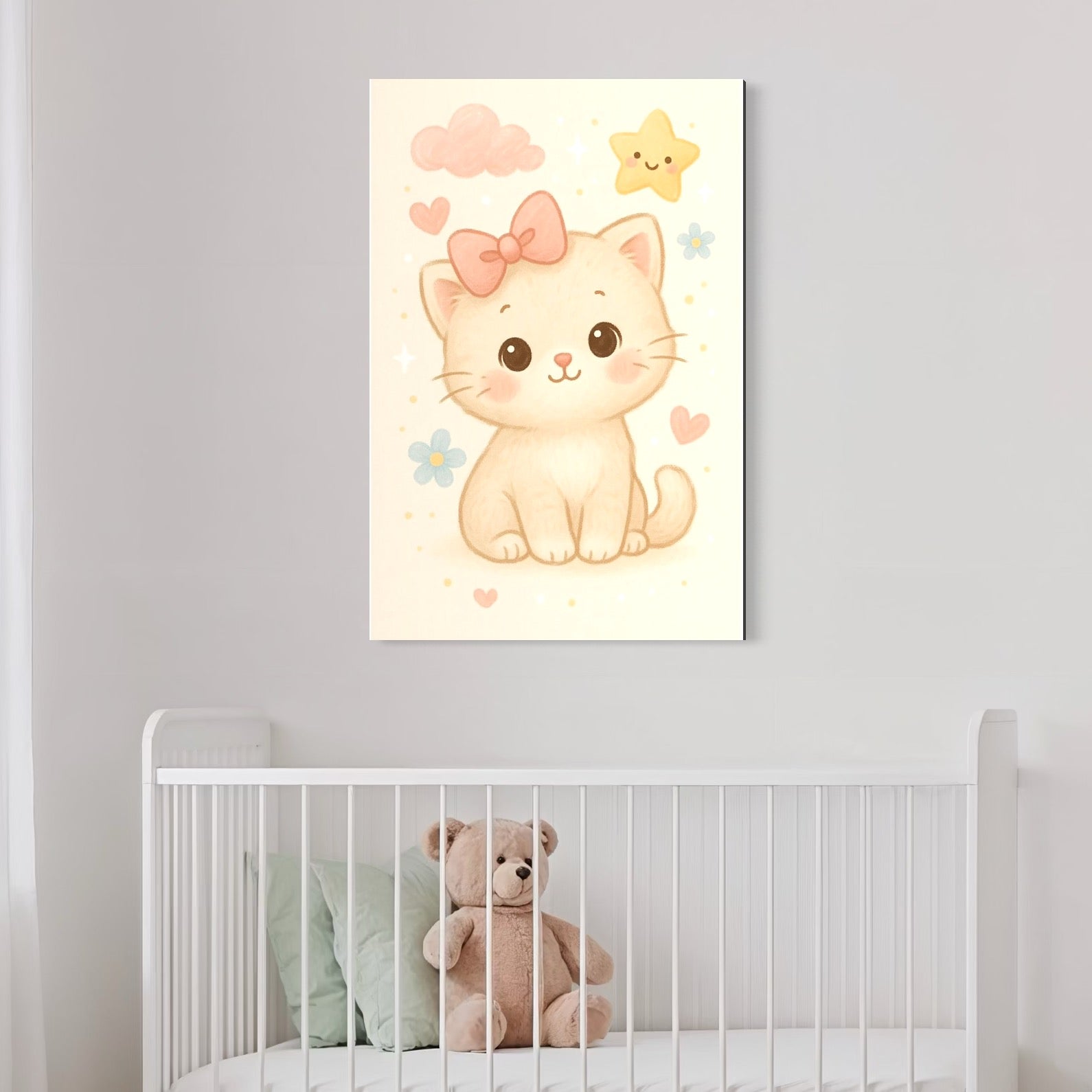 tablou canvas cu un pui de pisicuta cu fundita roz, pe fundal cu norisori, floricele, inimioare si o steluta galbena