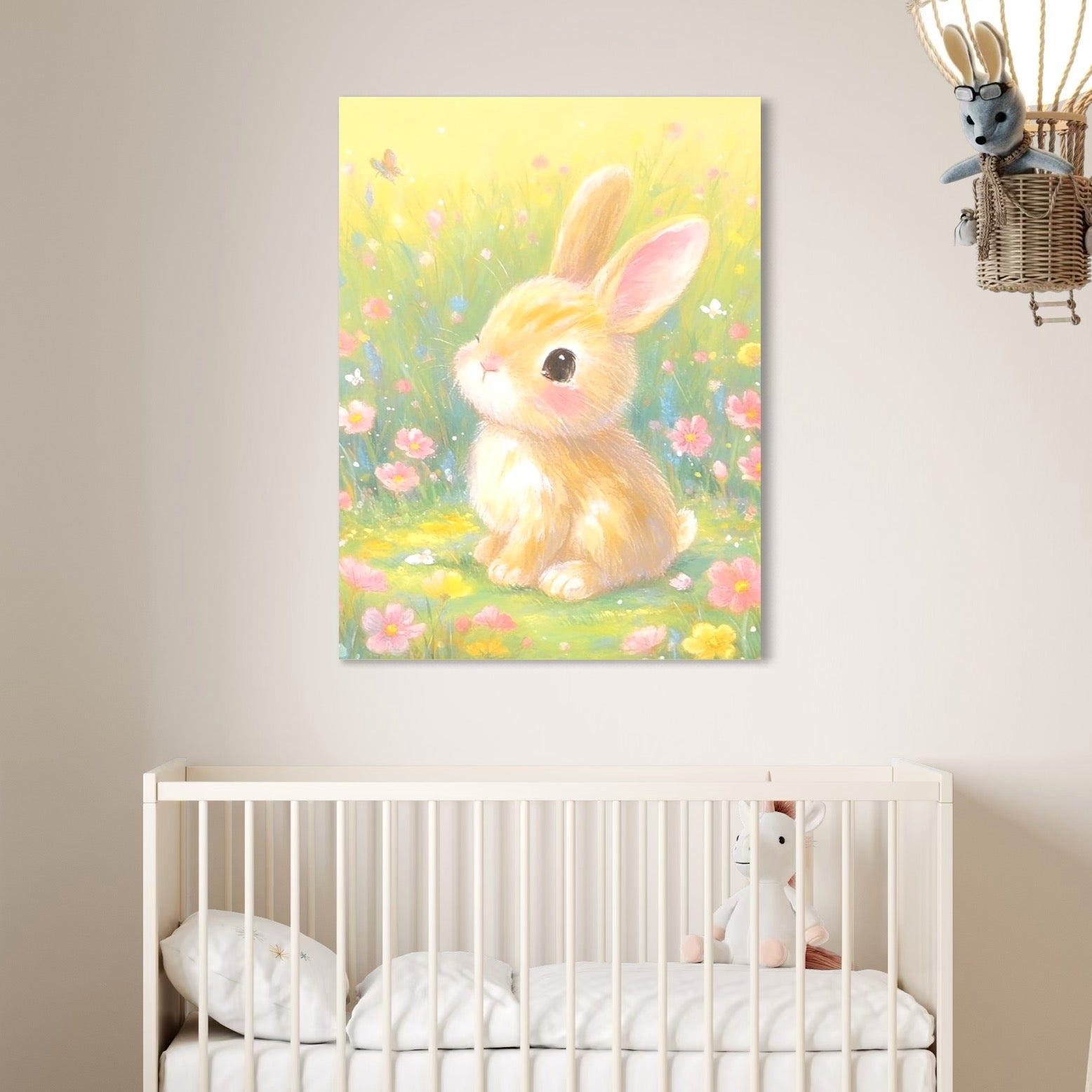 tablou canvas cu un pui de iepuras intr-o gradina luminata cu floricele colorate