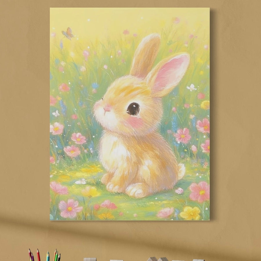 Tablou Canvas Premium LuxCanva® K1076: un iepuraș drăguț pe iarbă, înconjurat de flori colorate și lumină blândă, perfect pentru camera copilului. Realizat pe pânză bumbac, print calitate premium. Produs de LuxCanva®.