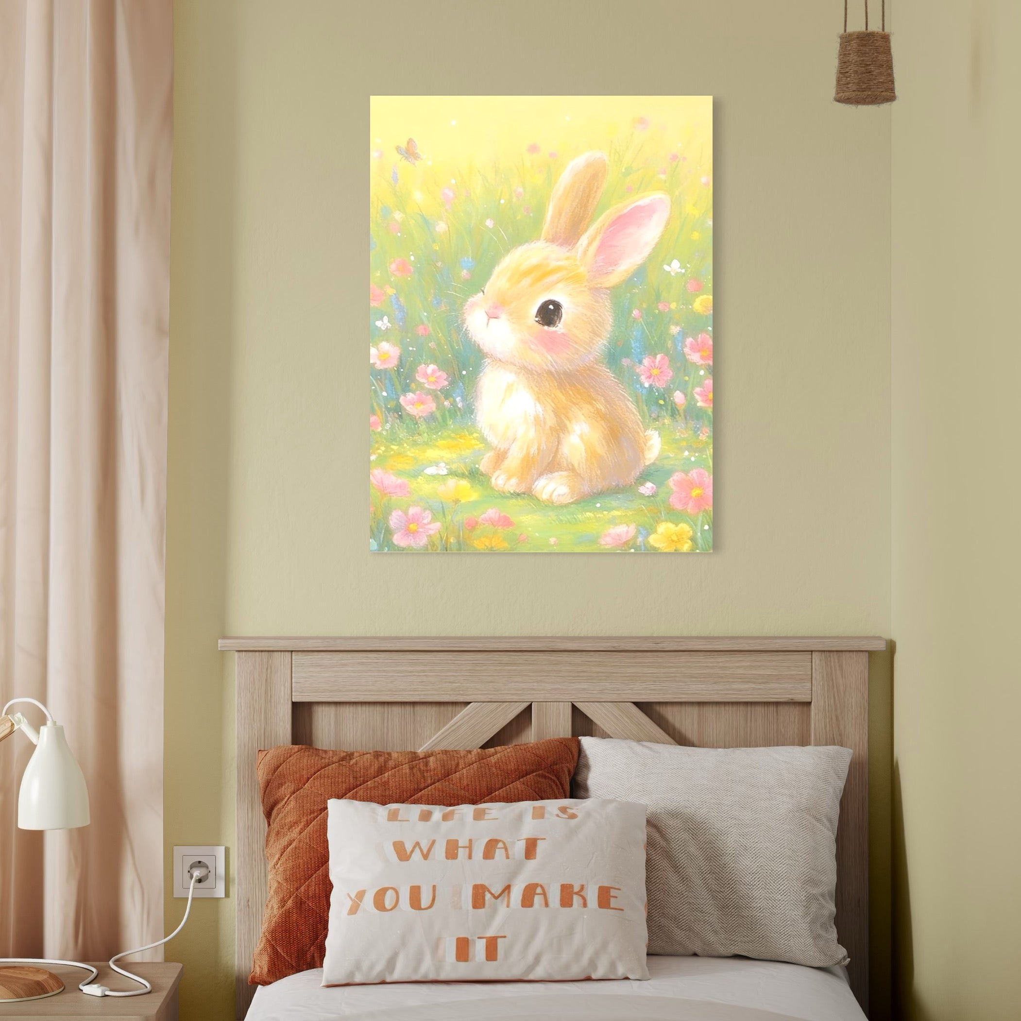 tablou canvas cu un pui de iepuras intr-o gradina luminata cu floricele colorate