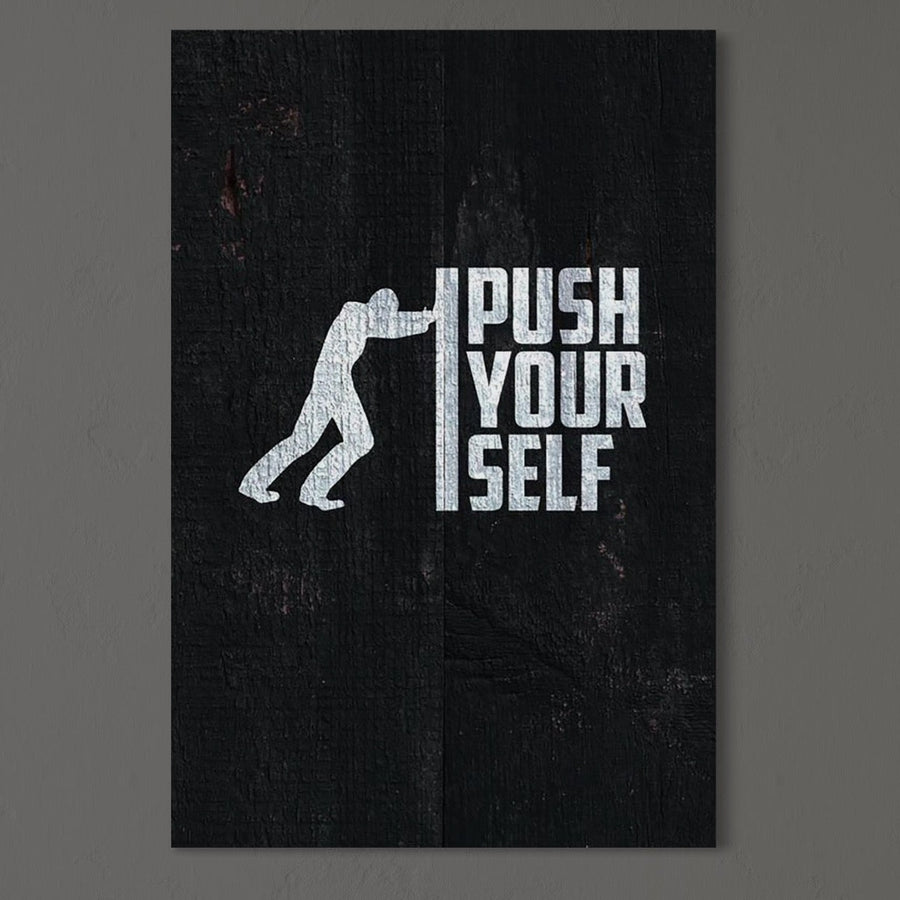 Tablou Canvas Premium LuxCanva® Q1015 - Dincolo de Limite: siluetă albă împingând textul PUSH YOURSELF pe fundal negru. Print pe pânză, aduce un mesaj motivațional și un plus de energie oricărui birou sau dormitor.