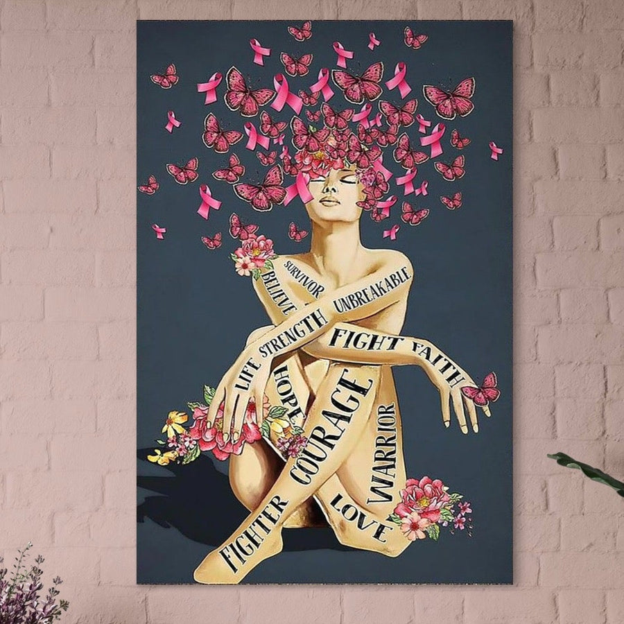 Tablou Canvas Premium LuxCanva® Q1017, "Aripile Sperantei", ce ilustrează o femeie înconjurată de fluturi roz și fundițe, cu mesaje motivaționale pe corp, decorată cu flori, potrivit pentru birou sau dormitor.