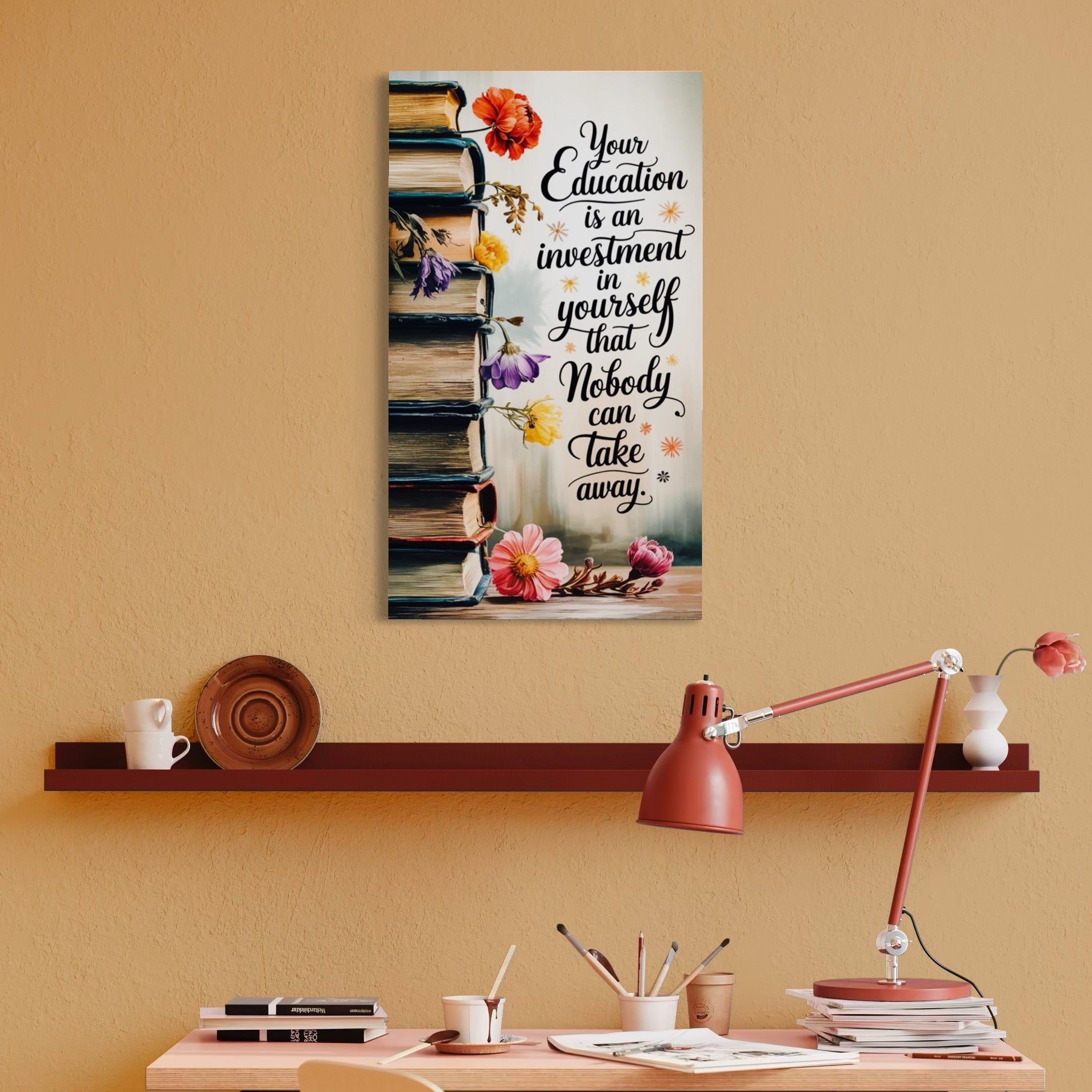 Tablou Canvas Premium, LuxCanva® Q1018, Puterea Educatiei, Carti, Cunoastere, Motivatie, Scoala, Dezvoltare, Flori, Mentor, Cultura, Succes, Birou, Dormitor