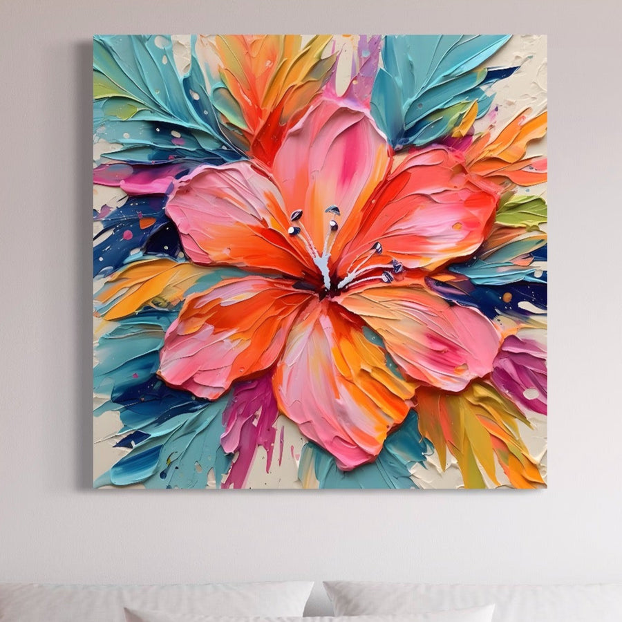 LuxCanva® Tablou Canvas Premium C1176 prezintă o floare vibrantă, multicoloră pe bumbac panza premium, perfectă pentru decorarea camerei de zi cu nuanțe îndrăznețe care înveselesc orice spațiu.