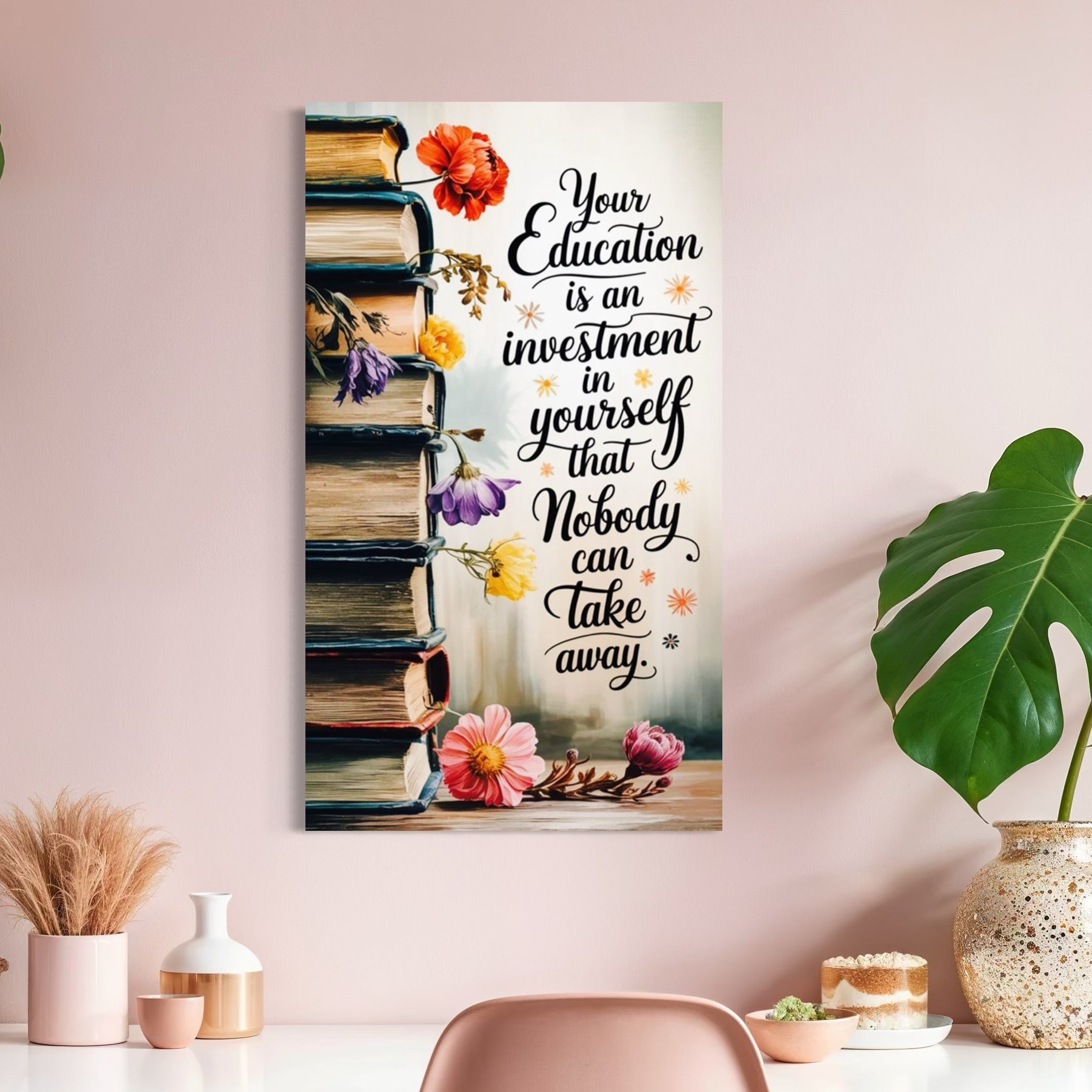 Tablou Canvas Premium, LuxCanva® Q1018, Puterea Educatiei, Carti, Cunoastere, Motivatie, Scoala, Dezvoltare, Flori, Mentor, Cultura, Succes, Birou, Dormitor