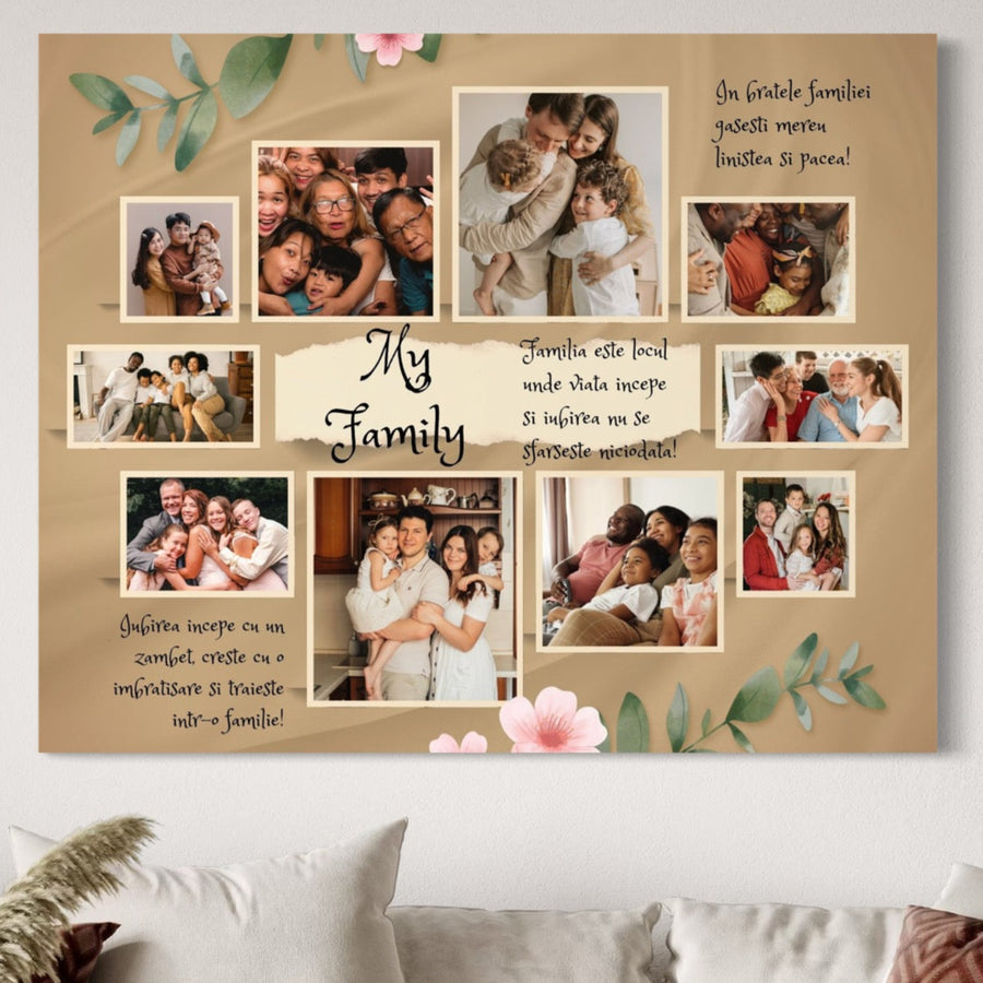 Creați un cadou de suflet cu tabloul LuxCanva® Tablou Canvas Personalizat cu 10 Poze Pentru Familie "Familia mea" (PS102), cu fotografii de familie, frunze verzi, flori roz și citate de dragoste românești - perfect ca un cadou familie deosebit!.