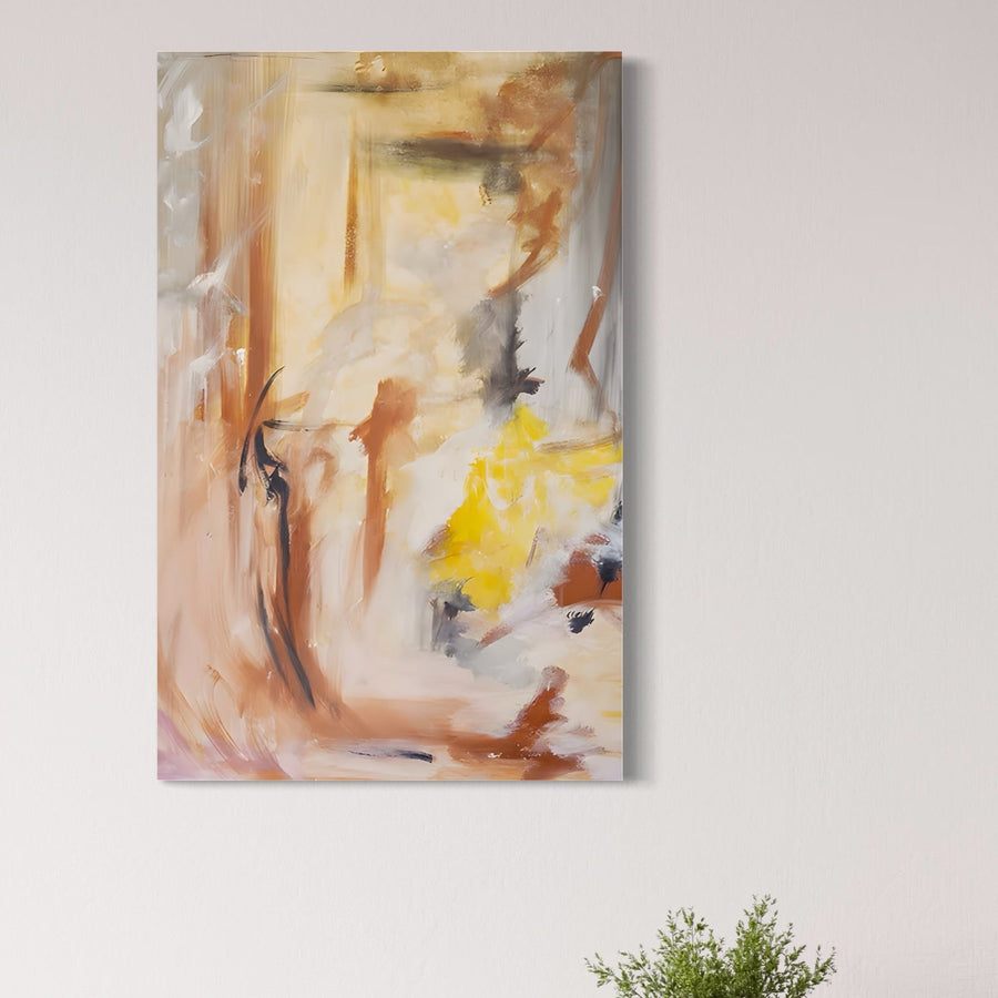 Tablou Canvas Premium LuxCanva® C1180, pictură maro și aurie - o operă de artă abstractă, vibrantă, pentru camere de zi relaxante. Prezintă vârtejuri bej, maro, galben, alb și negru pe panza bumbac by LuxCanva®, ideală pentru spații luminoase cu verdeață.