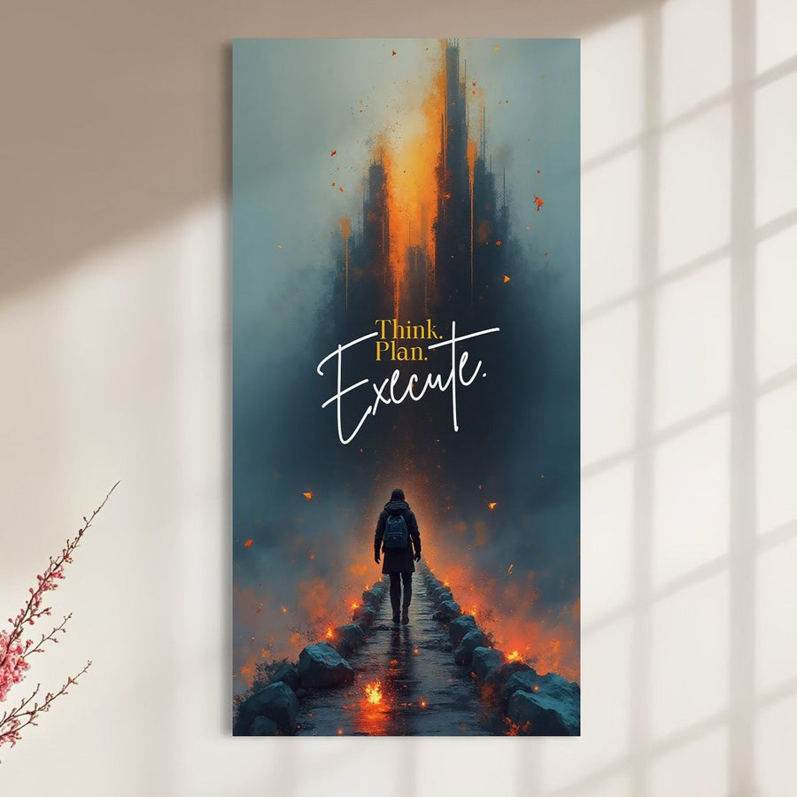 O figură merge pe o cărare de cărbuni prin ceață spre lumină, cu "Think. Planifică. Execută." suprapus. Acest print pe pânză premium, LuxCanva® Q1021 - Pe Drumul Succesului, inspiră disciplină și progres în biroul sau dormitorul dumneavoastră.