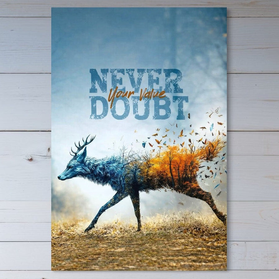 Tablou Canvas Premium LuxCanva® Q1024 "Forta in Tranzitie" - cerb cu copaci si păsări, mesaj NEVER DOUBT Your Value. Print calitate premium pe panza bumbac, ideal pentru birou sau dormitor. Brand: LuxCanva® - Magazin tablouri canvas.