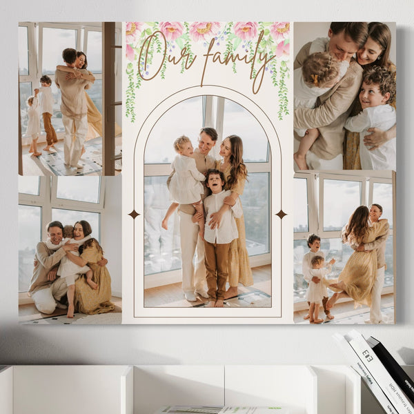 Un colaj de cinci fotografii de familie pe pânză prezintă "Familia noastră" în scris și accente florale din Tablou Canvas Personalizat cu 5 Poze Pentru Familie, PS107 de la LuxCanva® - un cadou ideal pentru familie.