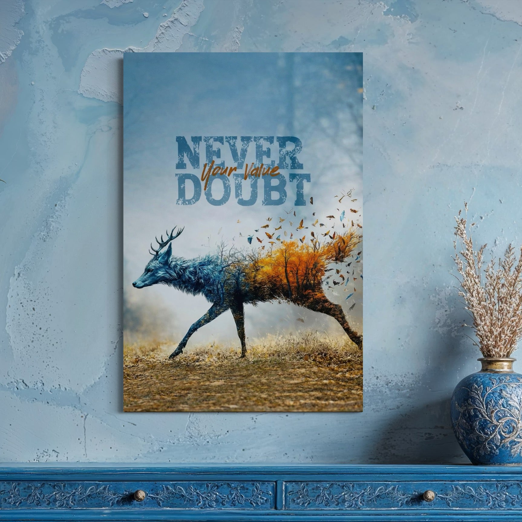 Tablou Canvas Premium, LuxCanva® Q1024, Forta in Tranzitie, Valoare, Putere, Motivational, Cerb, Animal, Natura, Schimbare, Evolutie, Birou, Dormitor