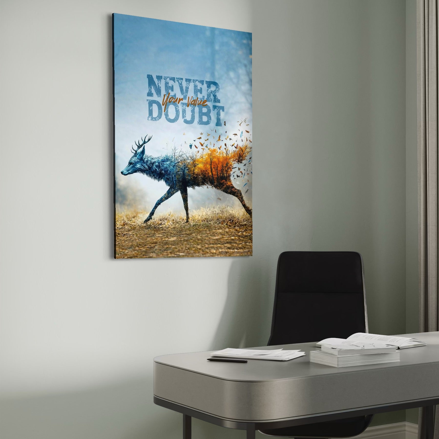 Tablou Canvas Premium, LuxCanva® Q1024, Forta in Tranzitie, Valoare, Putere, Motivational, Cerb, Animal, Natura, Schimbare, Evolutie, Birou, Dormitor