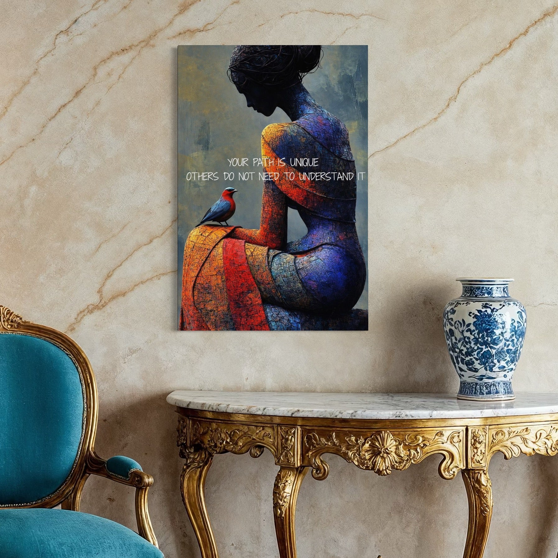 Tablou Canvas Premium, LuxCanva® Q1025, In Ritmul Meu, Pasare, Femeie, Meditatie, Mesaj, Identitate, Echilibru, Inspiratie, Motivatie, Birou, Dormitor