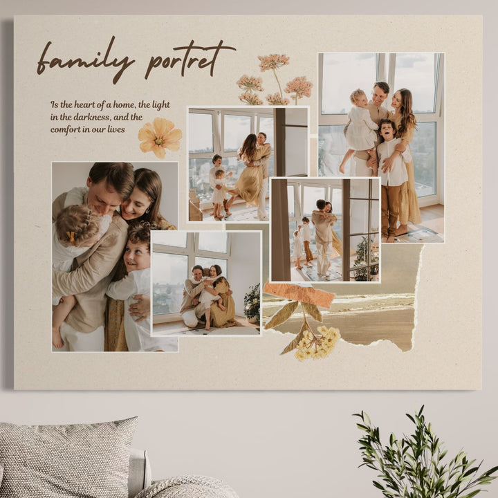 Tablou Canvas Personalizat cu 5 Poze Pentru Familie "Family Portret", PS110 de la LuxCanva®: un colaj elegant pe fundal bej, cu flori decorative, citat emoționant și mesaj "family portret"-cadoul perfect pentru orice familie.