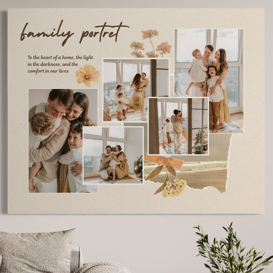 Tablou Canvas Personalizat cu 5 Poze Pentru Familie "Family Portret", PS110 de la LuxCanva®: un colaj elegant pe fundal bej, cu flori decorative, citat emoționant și mesaj "family portret"-cadoul perfect pentru orice familie.
