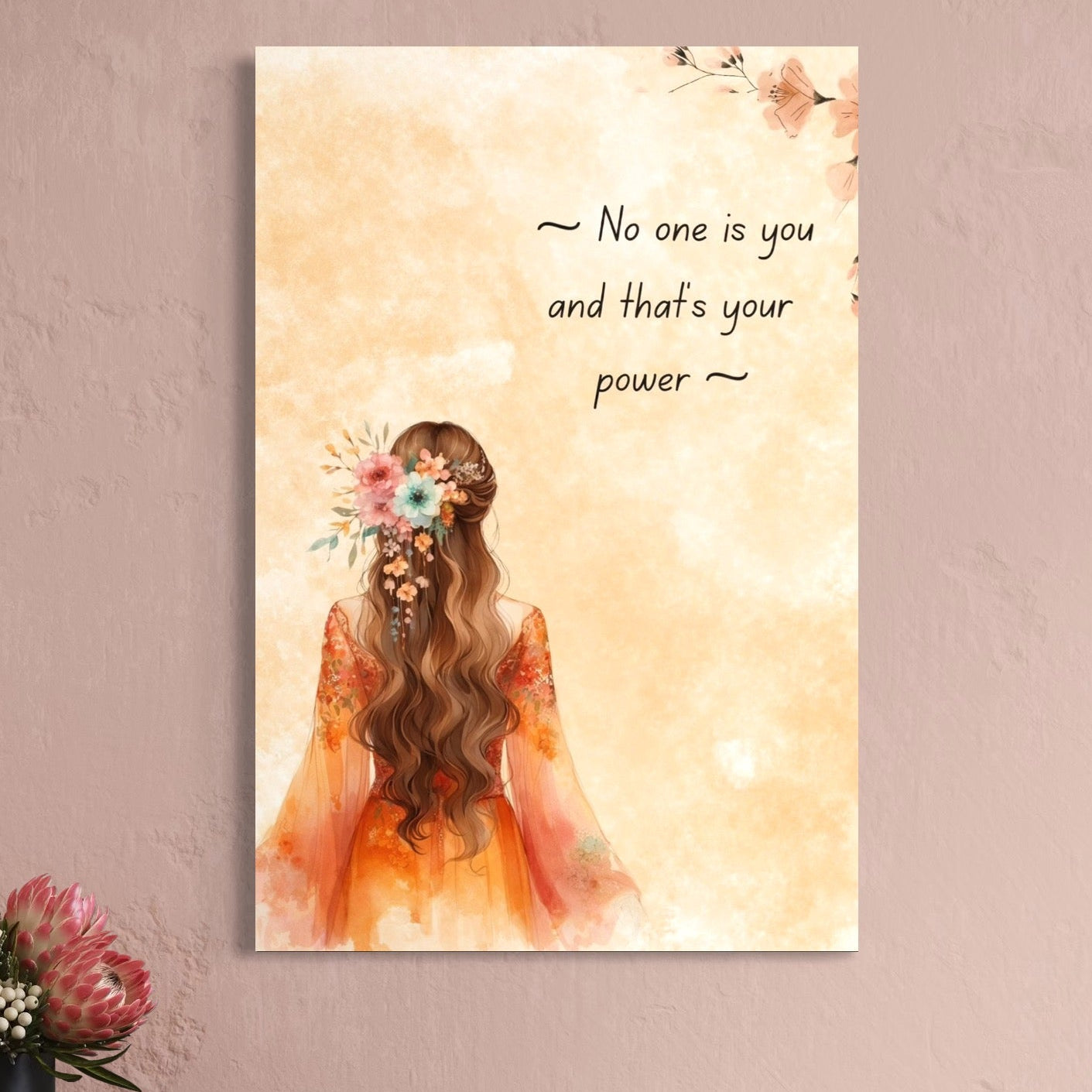 tablou canvas cu o femeie cu parul decorat cu flori, pe fundal deschis bej cu mesaj motivational