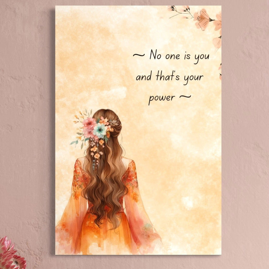 tablou canvas cu o femeie cu parul decorat cu flori, pe fundal deschis bej cu mesaj motivational