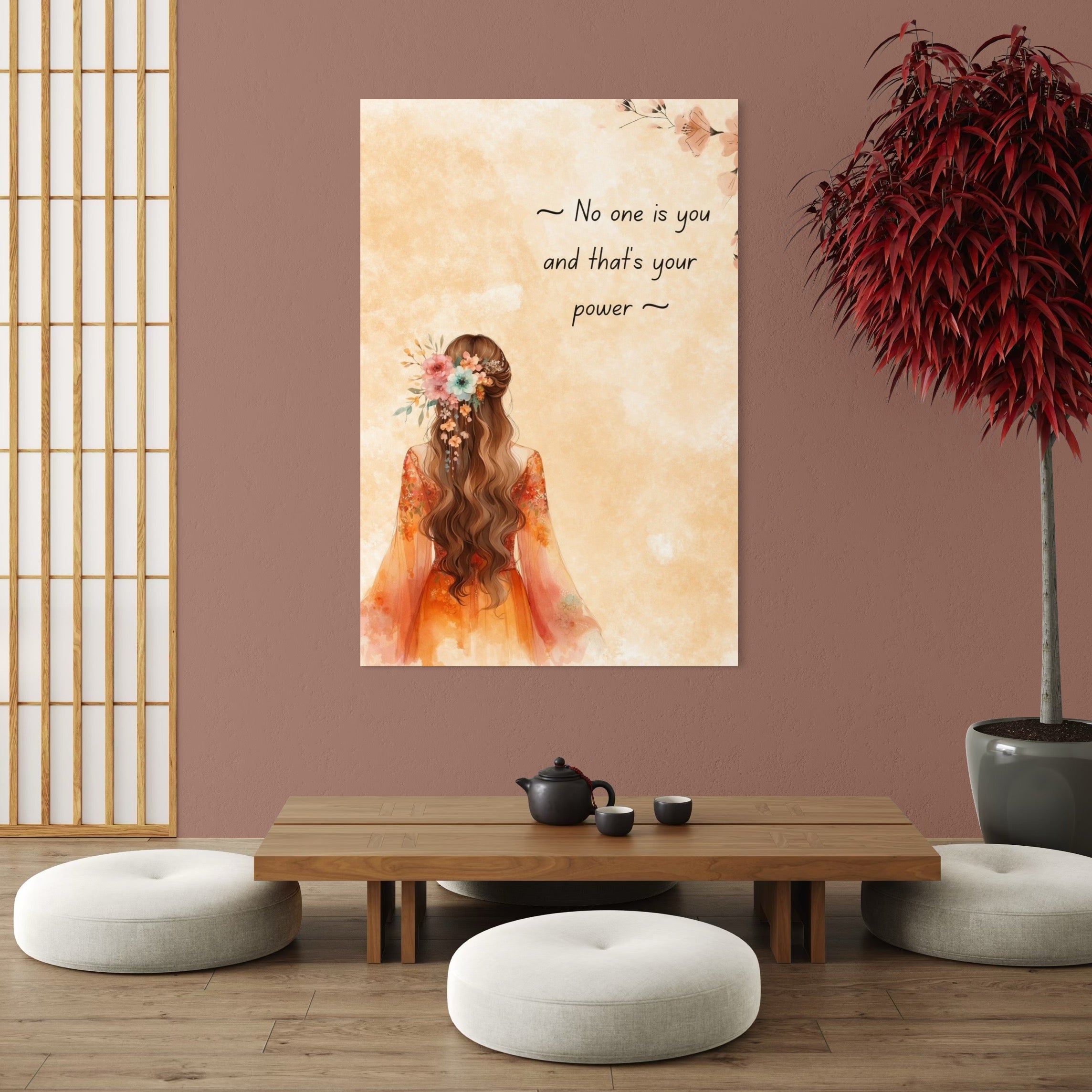 tablou canvas cu o femeie cu parul decorat cu flori, pe fundal deschis bej cu mesaj motivational