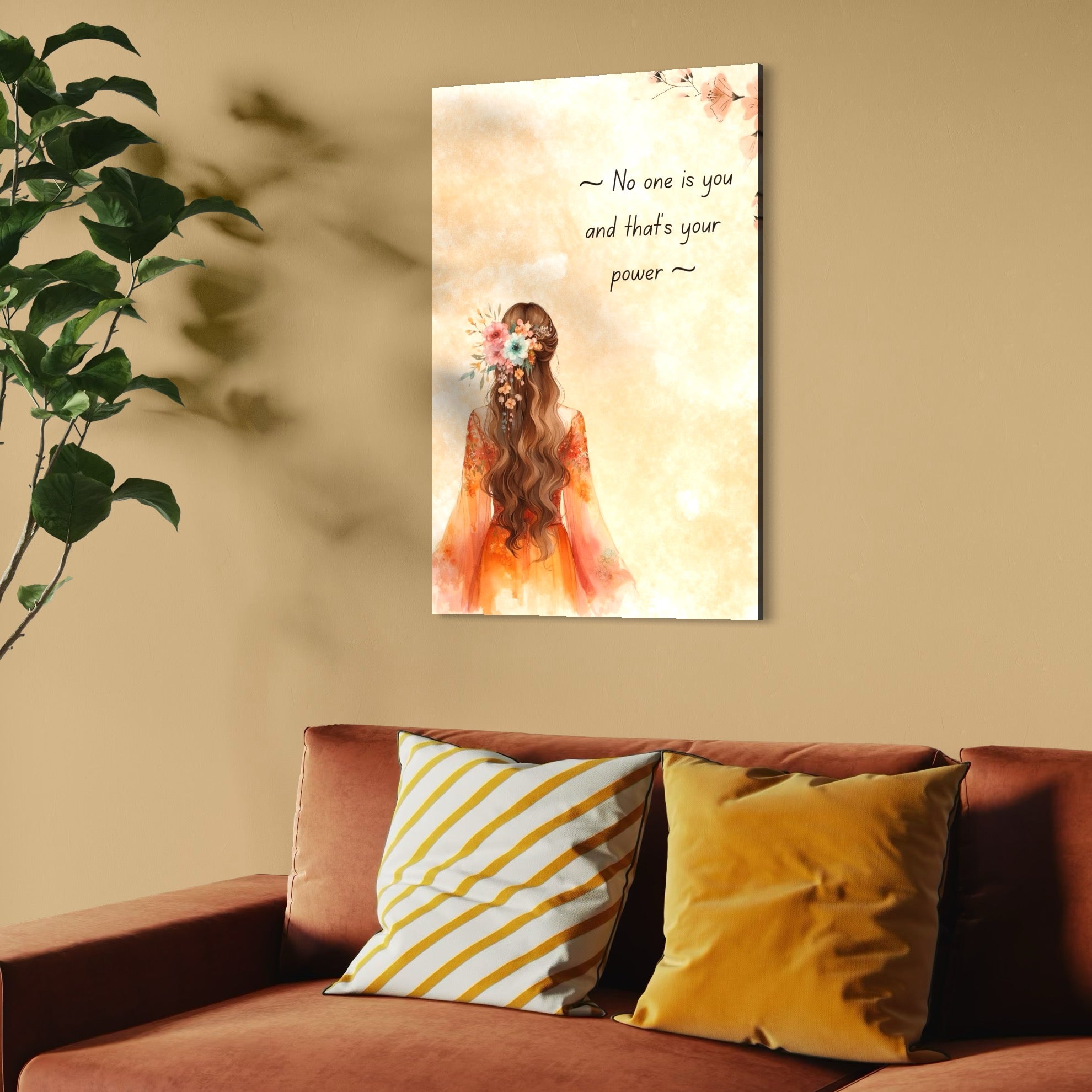 tablou canvas cu o femeie cu parul decorat cu flori, pe fundal deschis bej cu mesaj motivational