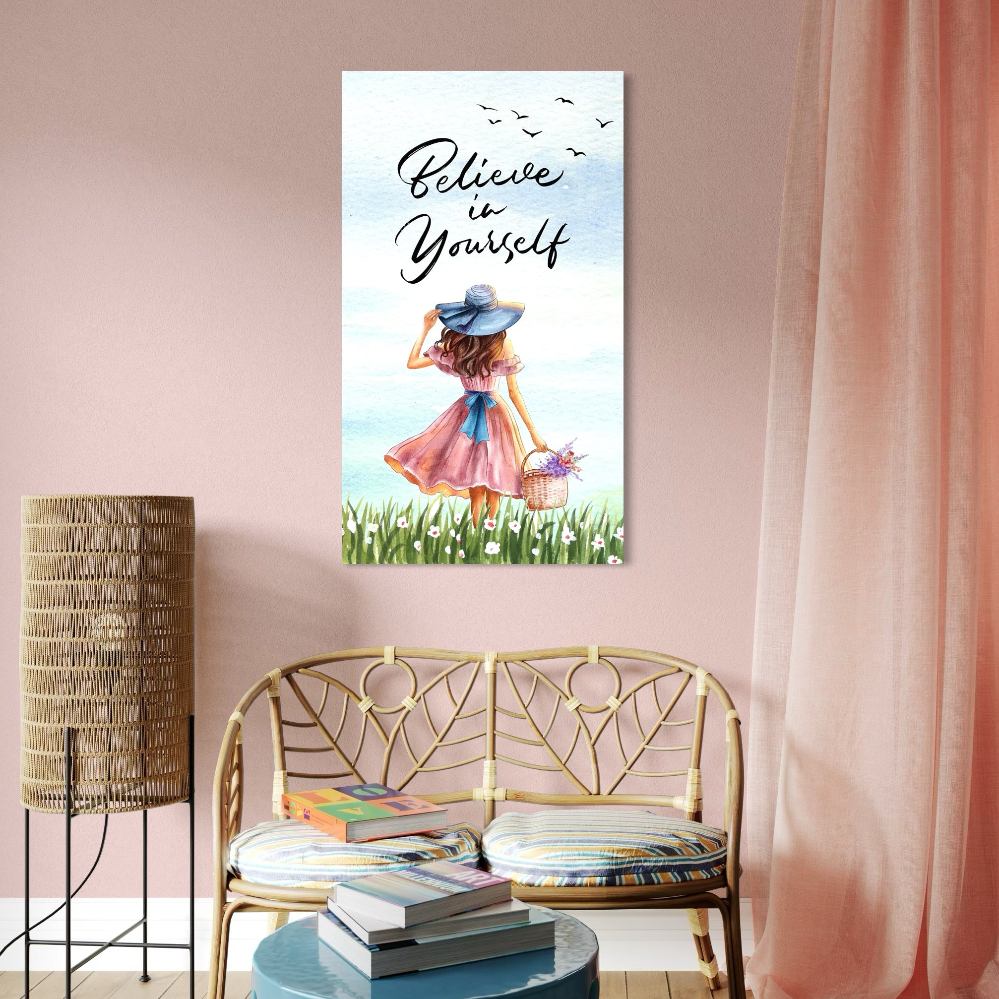 tablou canvas cu o fata cu rochie roz si palarie albastra, cu un cos cu flori colorate, pe fundal cu cer senin si un mesaj motivational