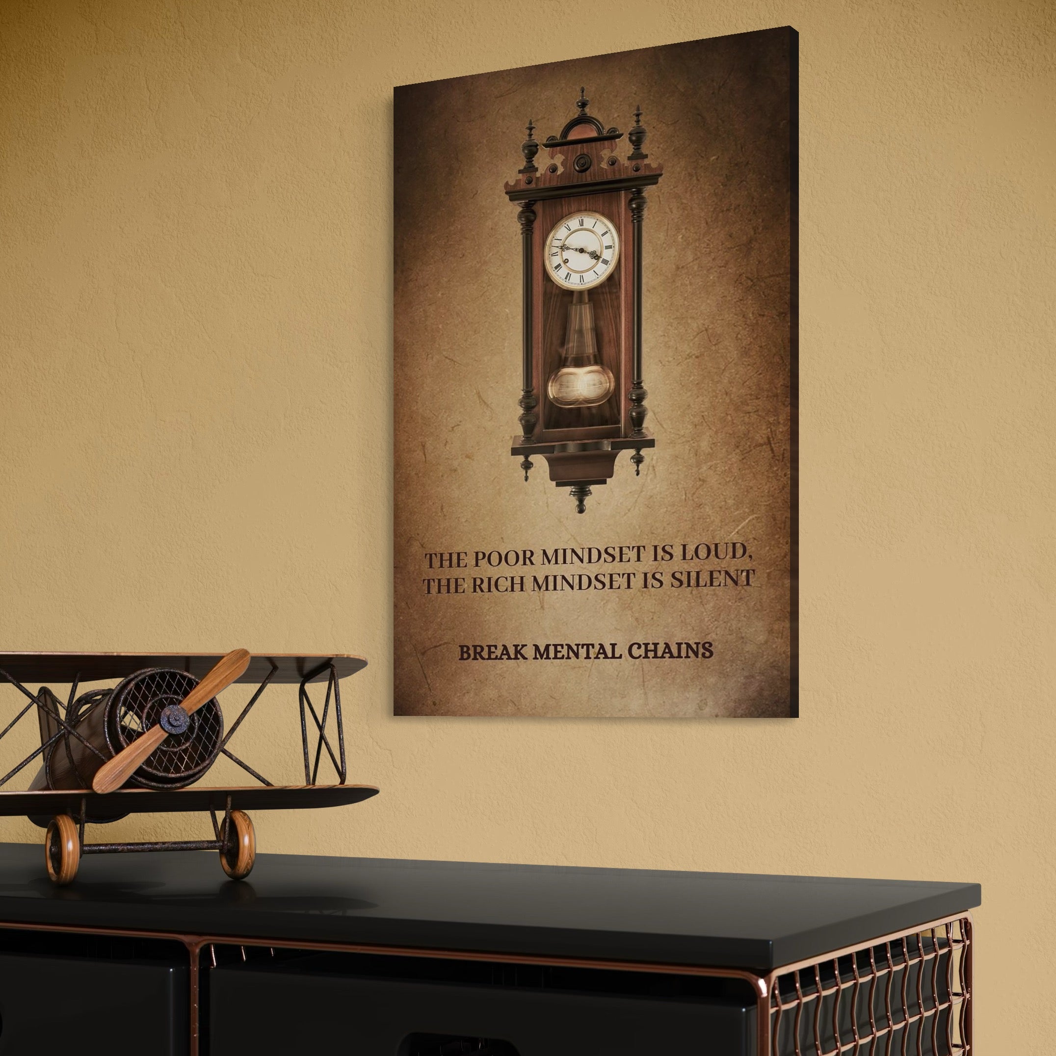 tablou canvas cu un ceas de perete vintage, pe fundal bej-maro cu un mesaj motivational