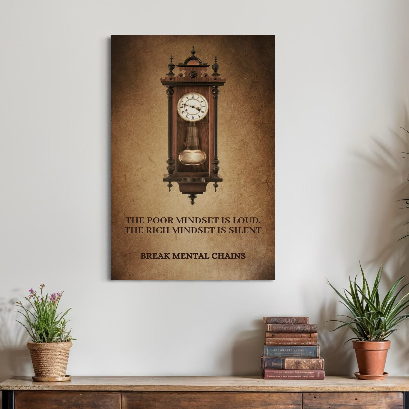 tablou canvas cu un ceas de perete vintage, pe fundal bej-maro cu un mesaj motivational