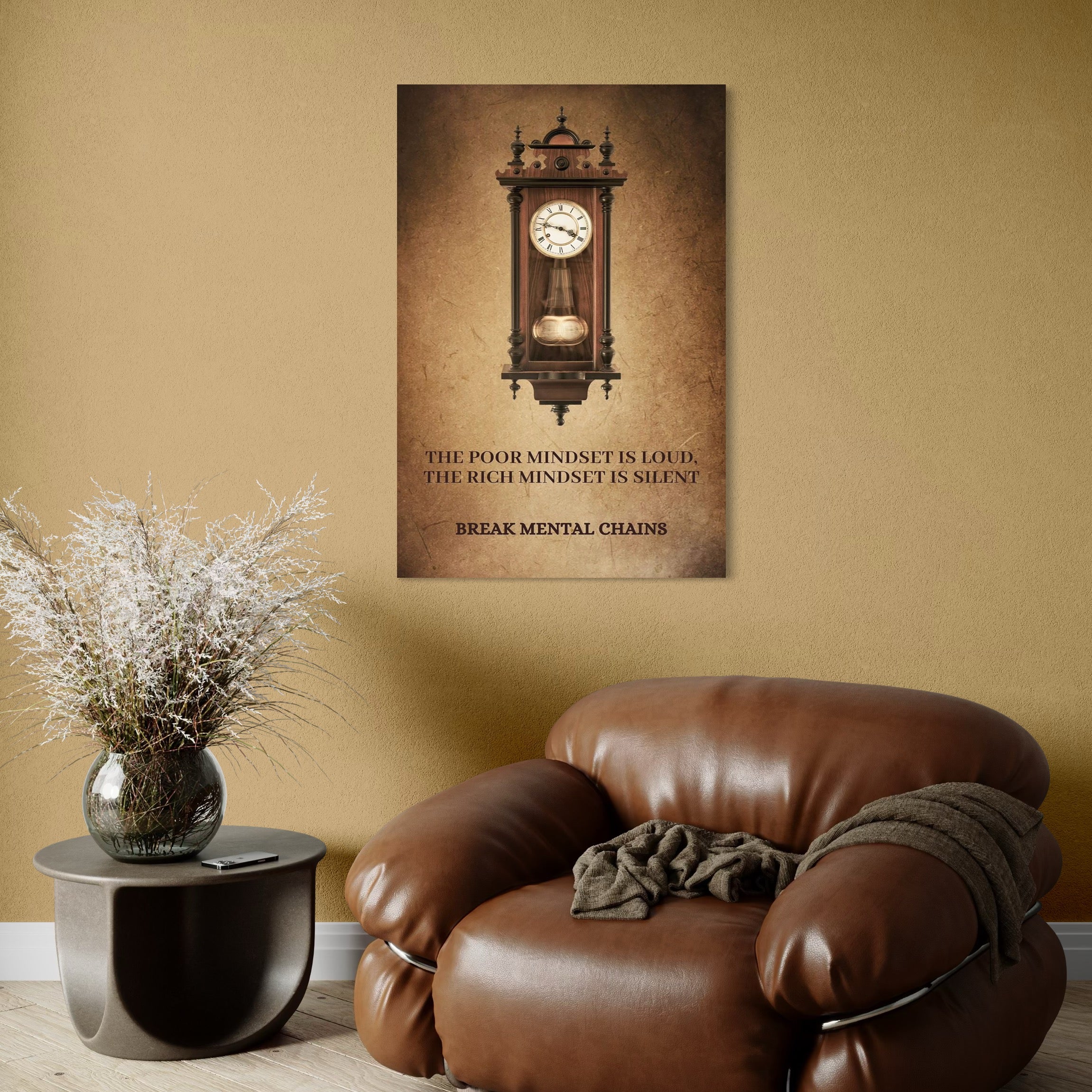 tablou canvas cu un ceas de perete vintage, pe fundal bej-maro cu un mesaj motivational