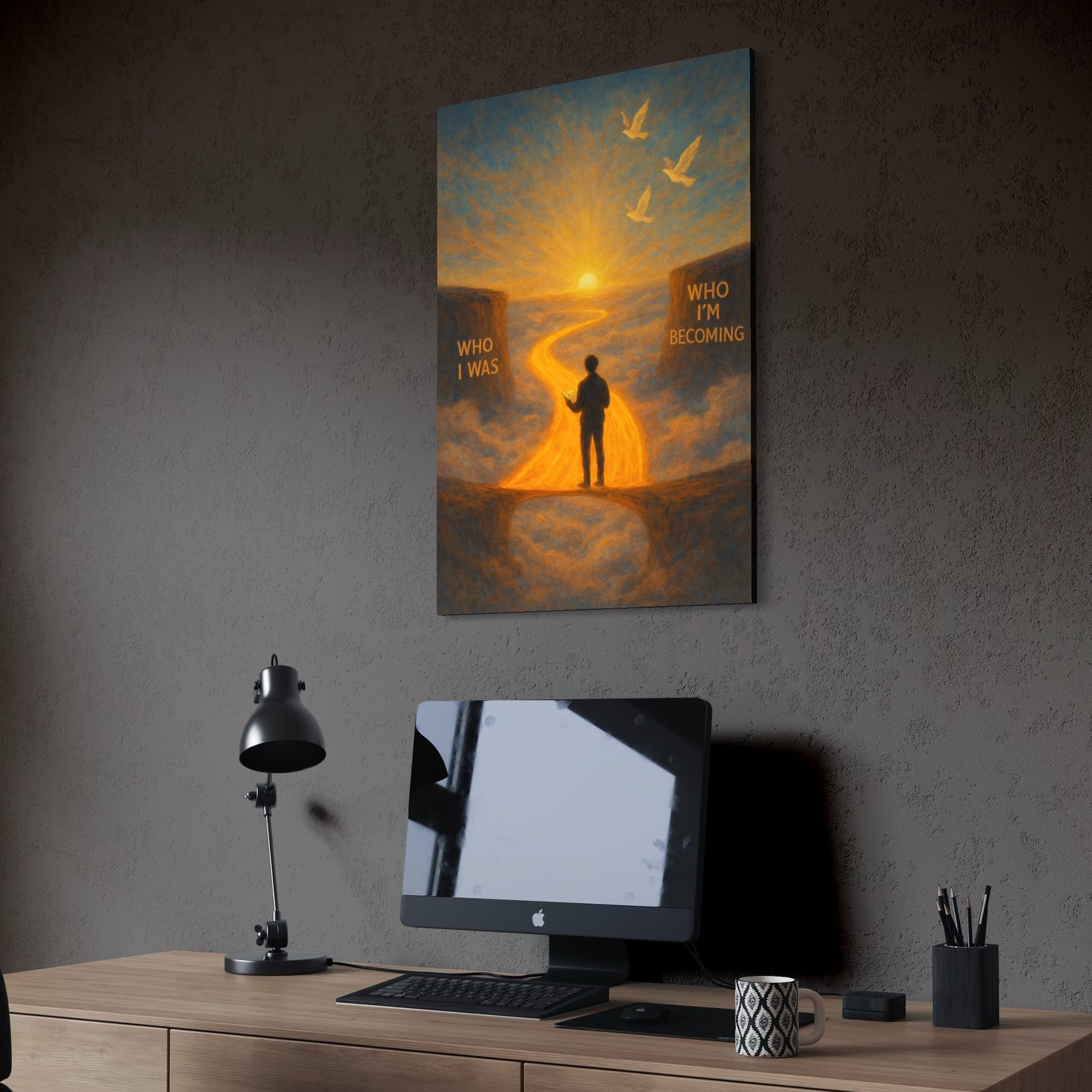 tablou canvas cu silueta unui om, pe o carare luminata, la rasarit de Soare cu pasari si mesaj motivational