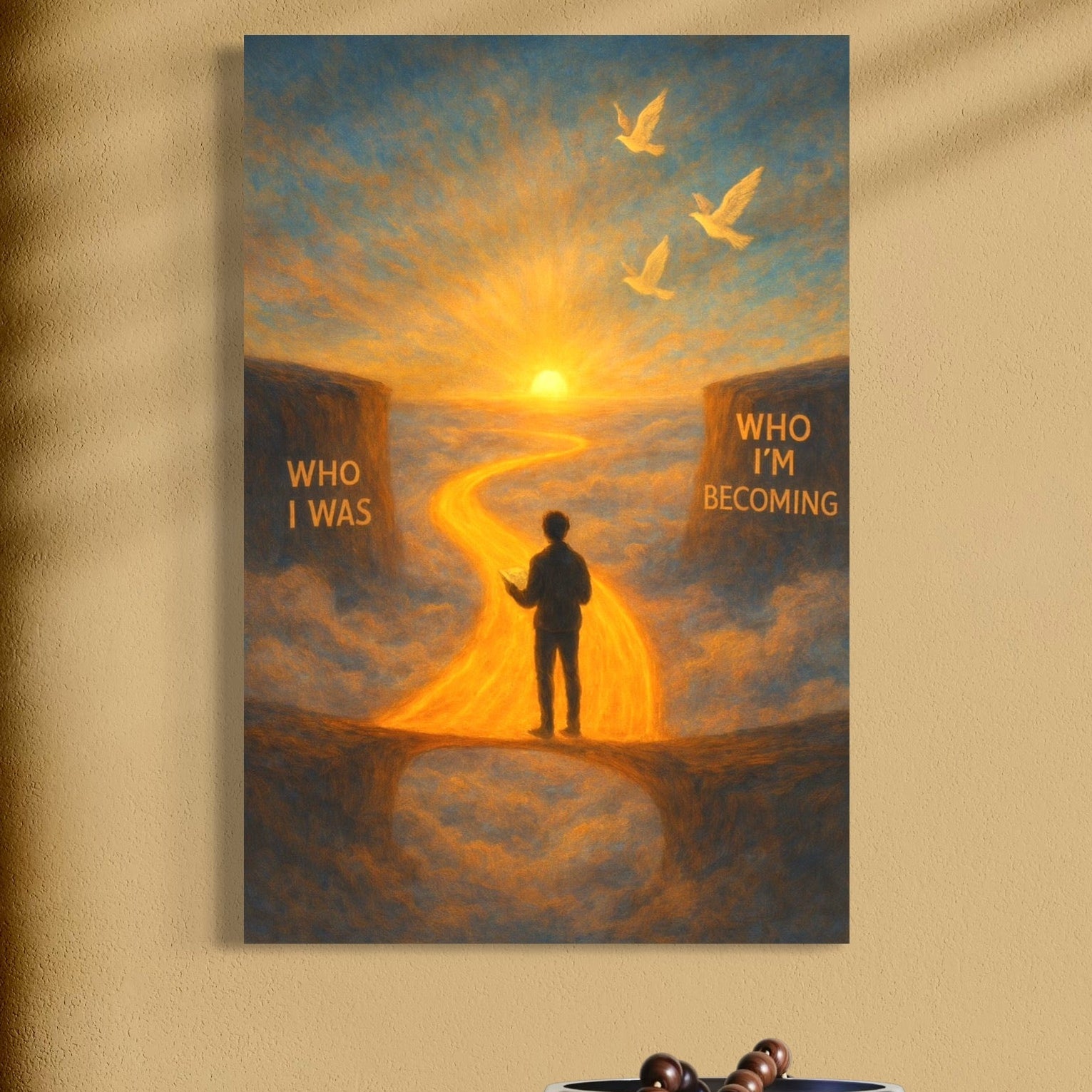 tablou canvas cu silueta unui om, pe o carare luminata, la rasarit de Soare cu pasari si mesaj motivational