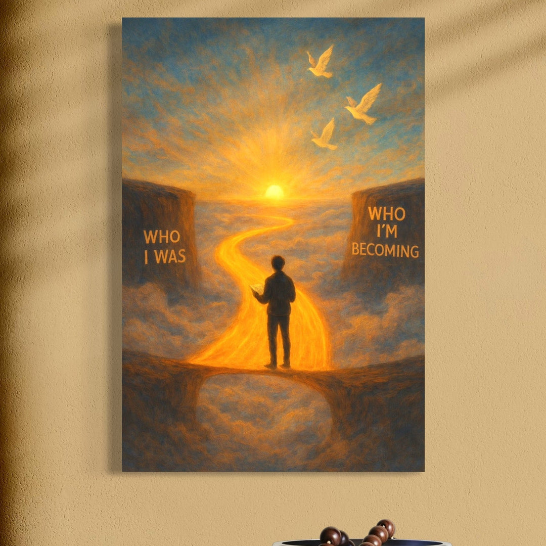 tablou canvas cu silueta unui om, pe o carare luminata, la rasarit de Soare cu pasari si mesaj motivational