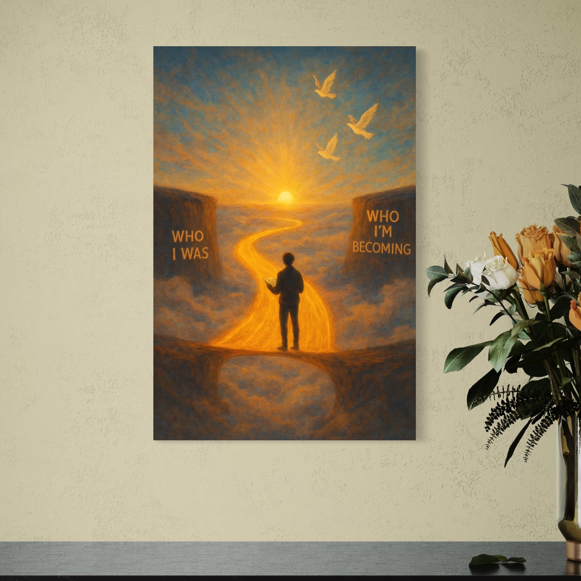 tablou canvas cu silueta unui om, pe o carare luminata, la rasarit de Soare cu pasari si mesaj motivational