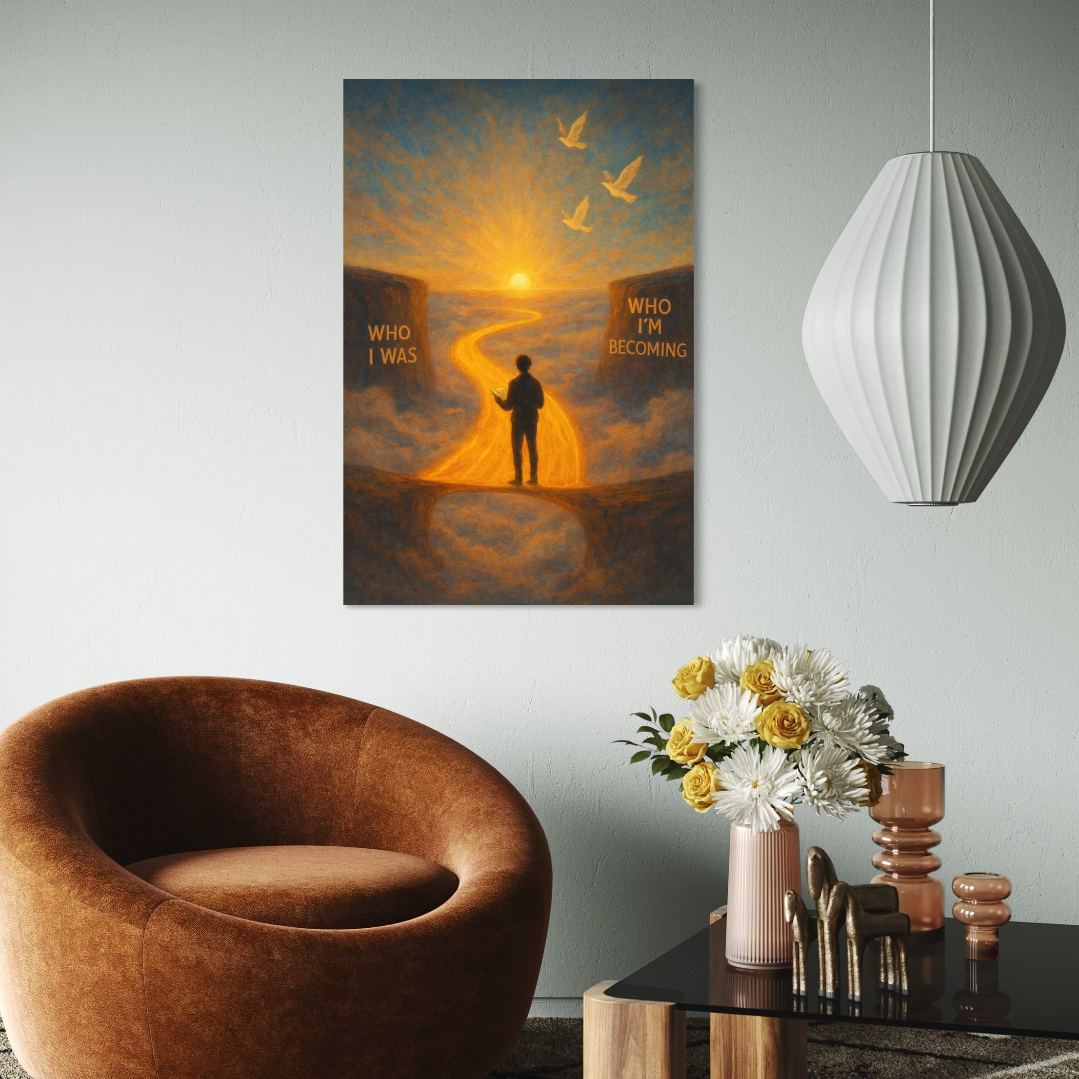 tablou canvas cu silueta unui om, pe o carare luminata, la rasarit de Soare cu pasari si mesaj motivational