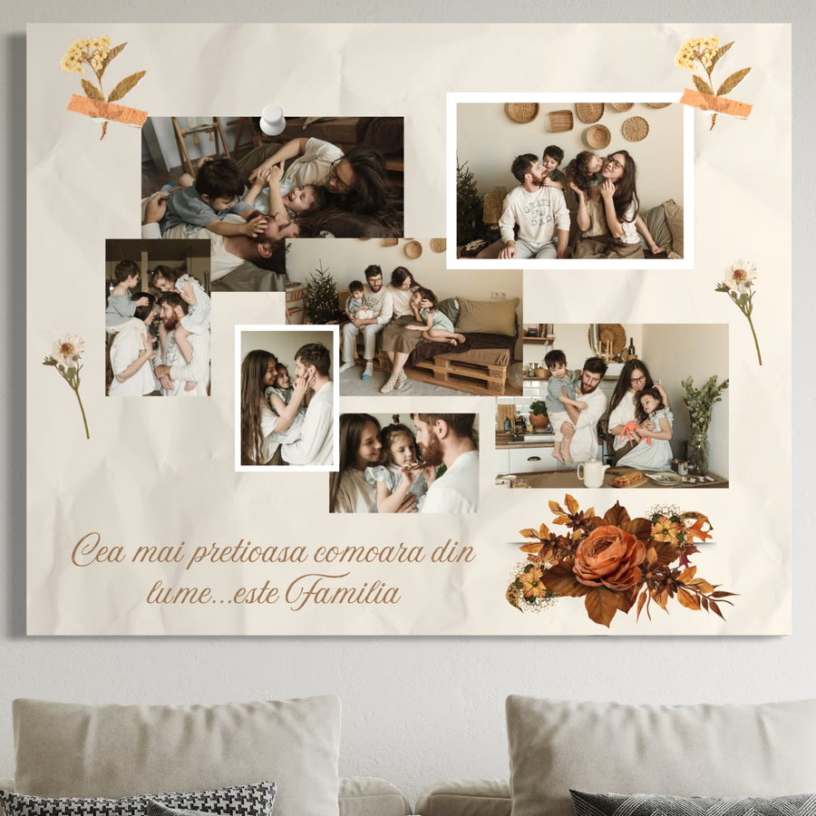 Creați o pânză LuxCanva® personalizată cu 7 fotografii de familie pe un fundal floral, cu textul în limba română "Cea mai prețioasă cumară din lume...este Familia." Produs: Tablou Canvas PS115.