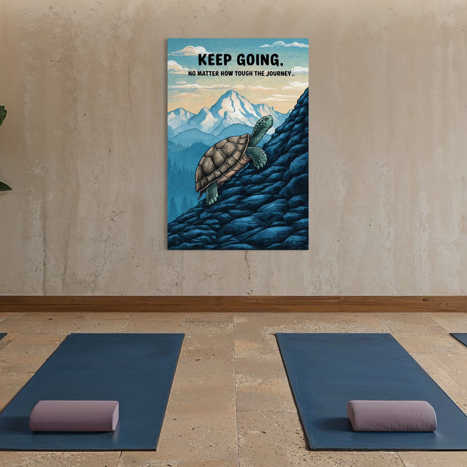 tablou canvas cu o testoasa in urcare pe pietre, pe fundal cu munti si mesaj motivational